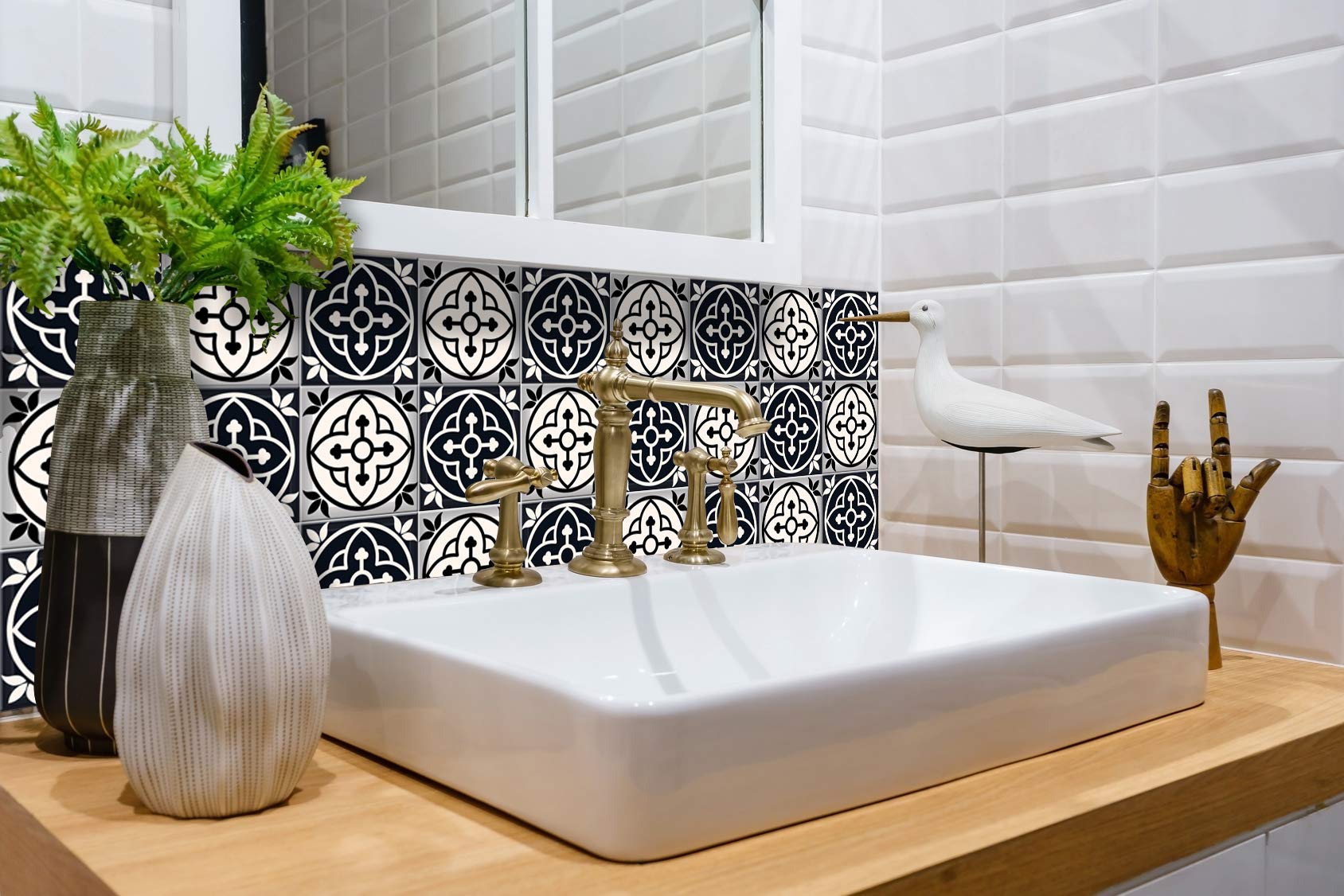 Mi Alma Black and White Peel and Stick Tile Stickers - 24 PC Set of 6x6 Inch Vinyl Wall Decals for Kitchen Backsplash & Bathroom Decor - Easy DIY Home Renovation (Stars Design) - Perfect for Renters, Apartments, and Quick Home Makeovers