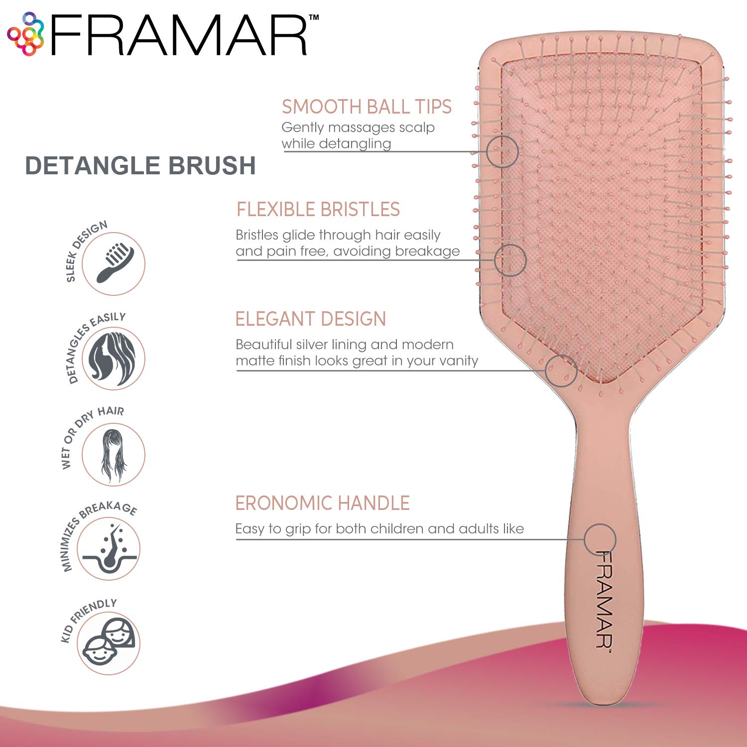 FRAMAR Paddle Brush for Thick Hair - Detangling Hairbrush for Women & Men - Wet & Dry Use - Perfect for Curly, Wavy, and Straight Hair - Salon Quality Hair Brush for Smooth Styling at Home or Travel