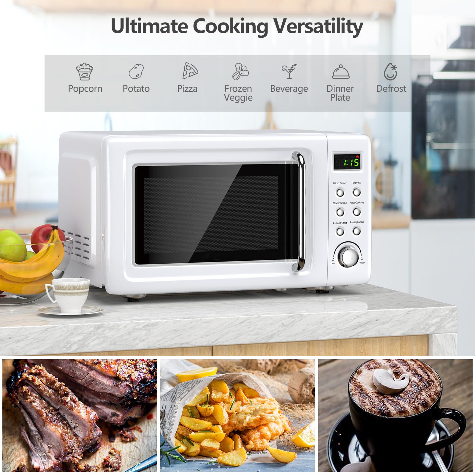Moccha Compact Retro Microwave Oven - 0.7 Cu.ft 700W Countertop Microwave with 5 Power Levels, Delay Start, LED Display & Child Safety Lock - Perfect for Dorms, Apartments & Small Kitchens (White)