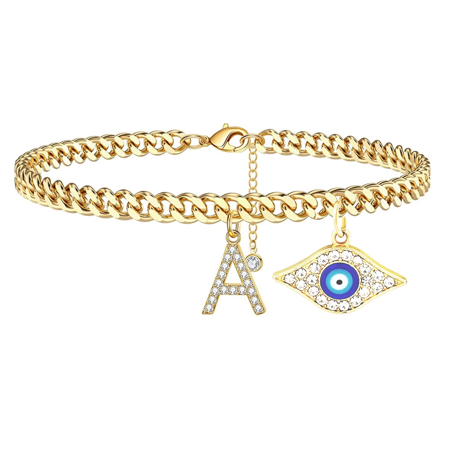 18K Gold Plated Initial Ankle Bracelets for Women - Dainty Cuban Link CZ Letter Evil Eye Anklet | Summer Jewelry Gifts for Teen Girls & Women | Perfect for Beach, Vacation, and Everyday Wear