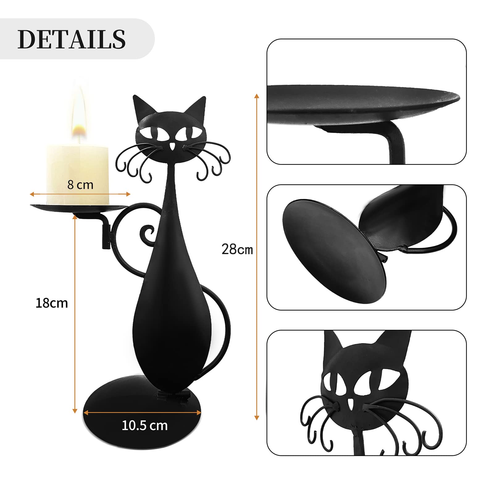 Black Cat Candle Holder for Pillar & LED Candles - Farmhouse Decor for Dining Table & Gifts