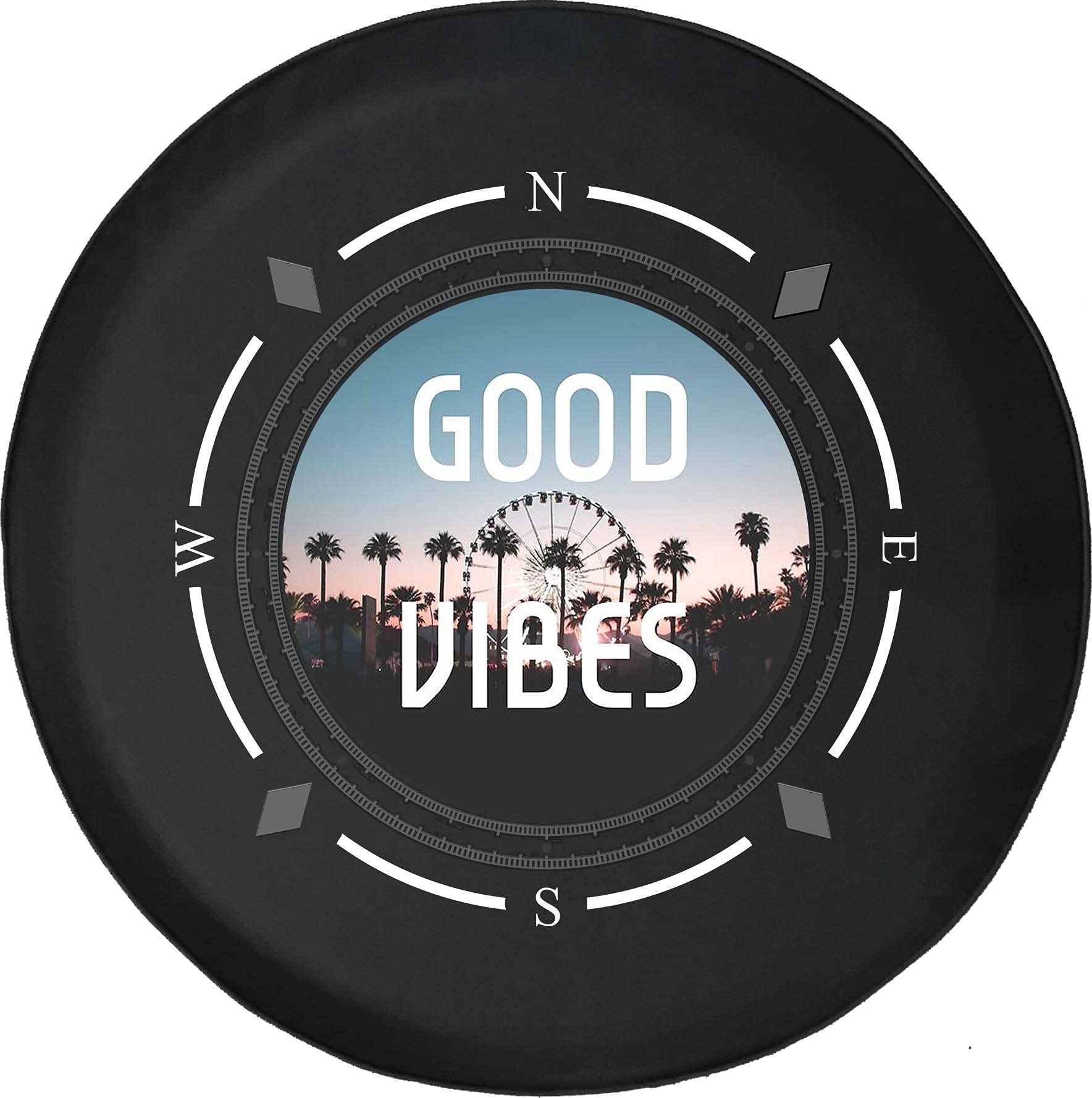American Unlimited Spare Tire Cover with Compass & Good Vibes Design - Durable Wheel Cover for SUV, Trailer, RV Accessories - Perfect for Road Trips & Outdoor Adventures