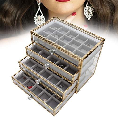 4-Layer Clear Glass Jewelry Organizer Box with 60 Grids & 4 Drawers - Jewelry Display Case, Fake Nail Storage for Women - Perfect for Home Vanity, Mall Counters & Gift Shops