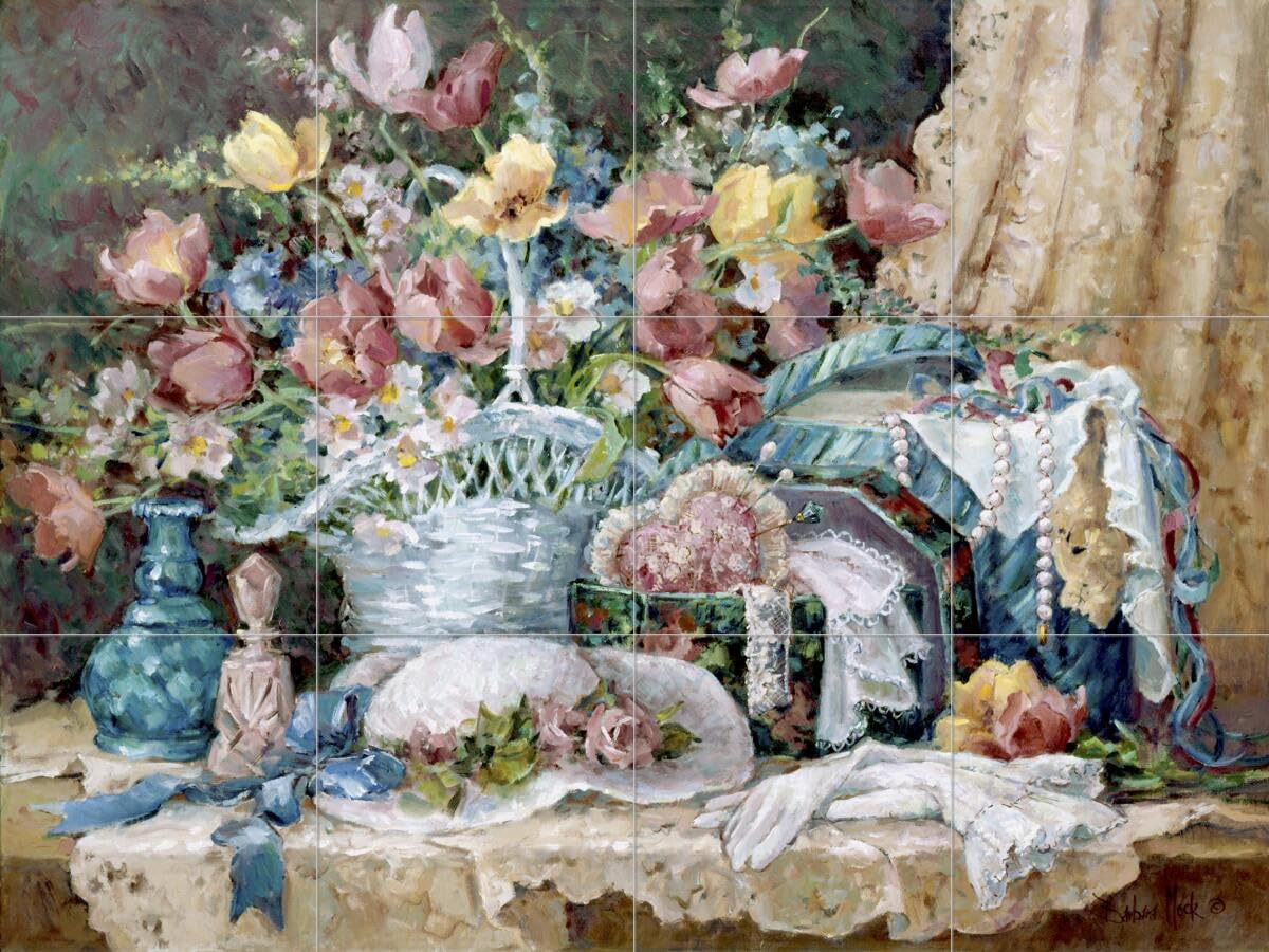 Floral Ceramic Backsplash Tile Mural for Kitchen & Bathroom - Handmade Lace Collectibles by Barbara Mock - Perfect for Farmhouse, Cottage & Vintage Style Home Decor