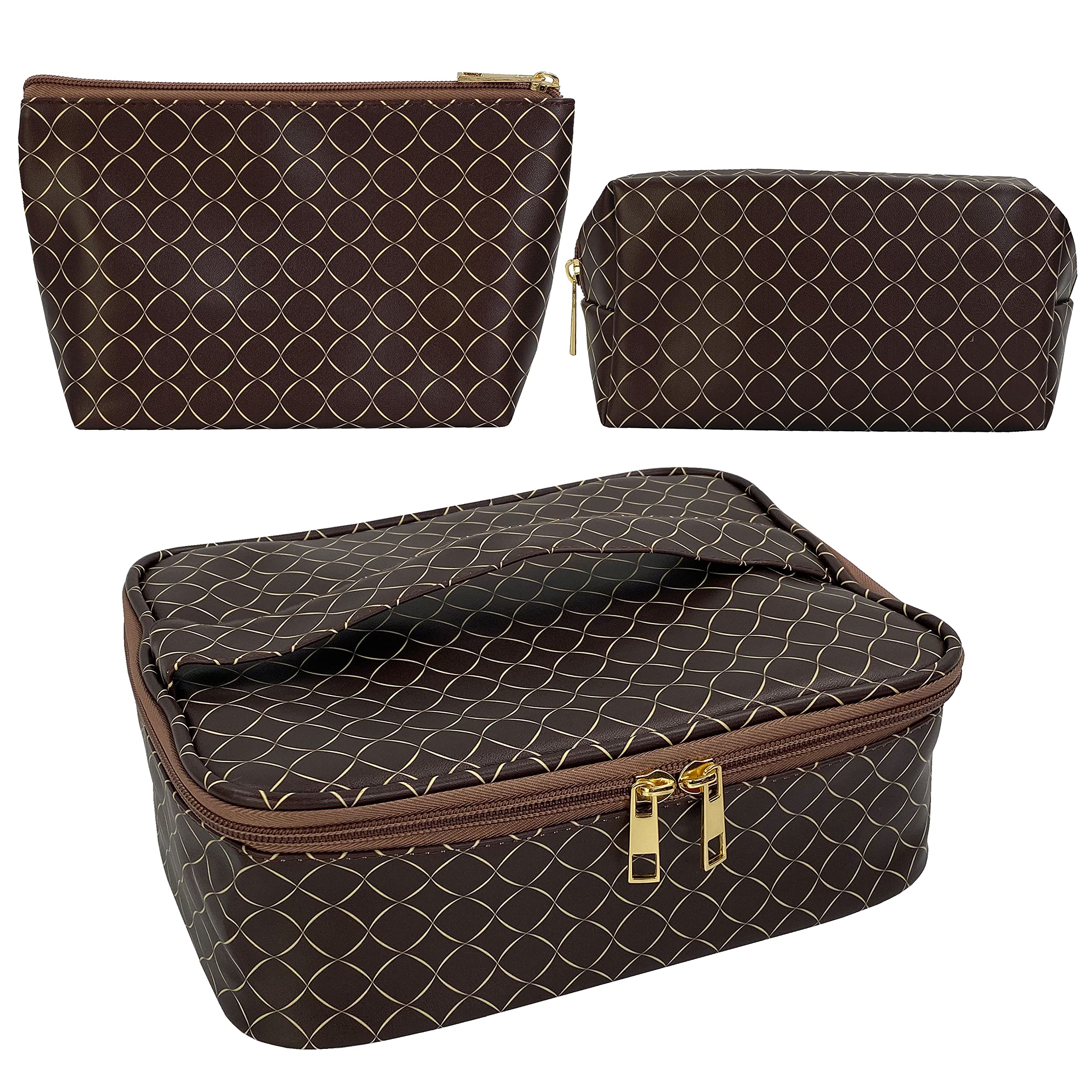 Waterproof Travel Makeup Bag for Women - Portable Cosmetic Organizer with Zipper, Perfect for Toiletries & Handbags (Brown 3P)