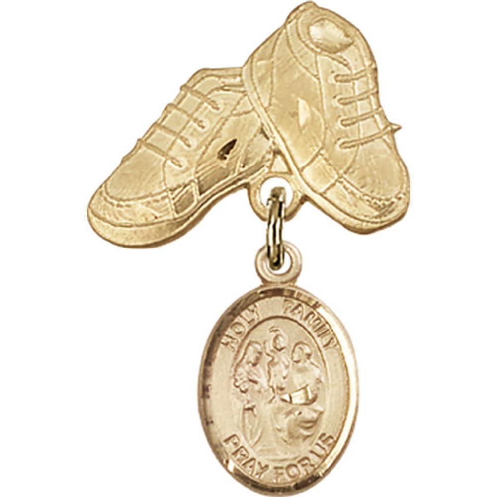 Gold Filled Holy Family Charm Baby Badge with Boots Pin - 1 X 5/8 Inch Religious Jewelry for Baptism, Christening & First Communion Gifts