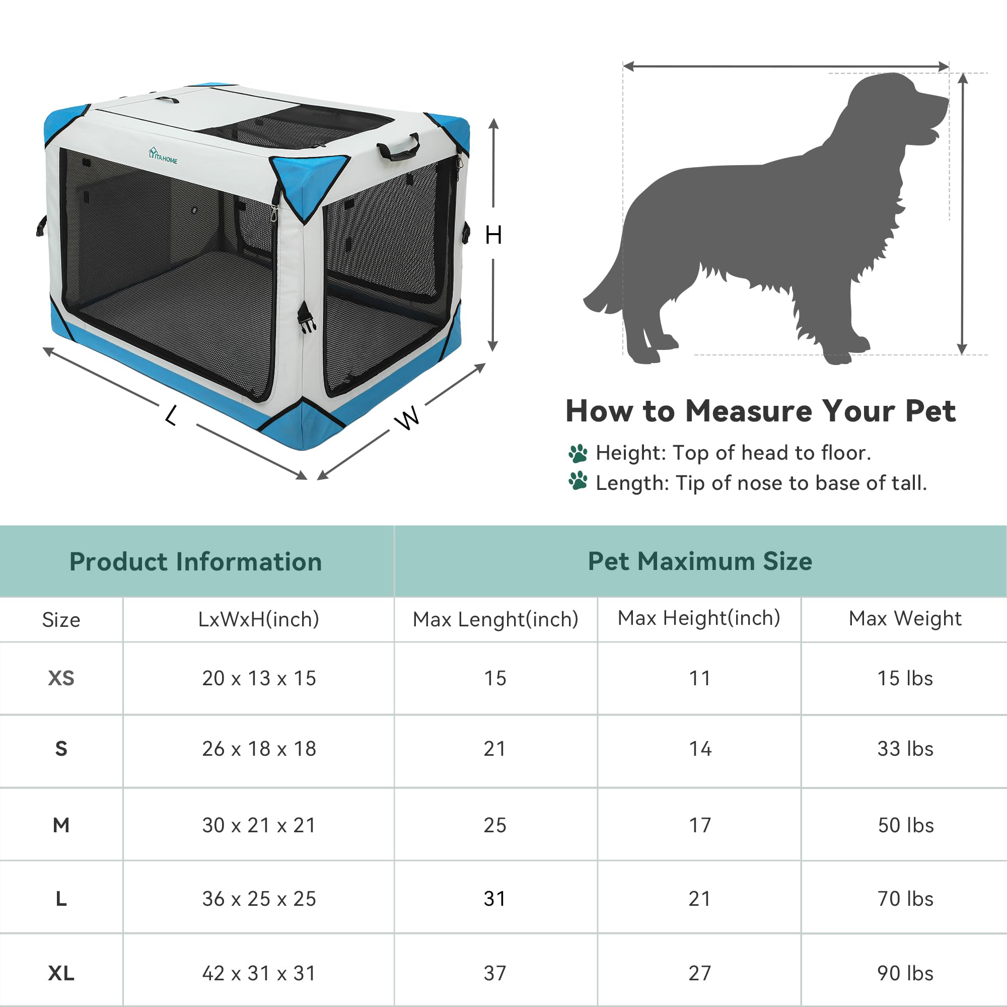 YITAHOME 4-Door Collapsible Dog Crate - Portable Travel Pet Kennel with Breathable Mesh Windows & Soft Mat - Foldable Soft Dog Cage for Indoor Outdoor Use (20