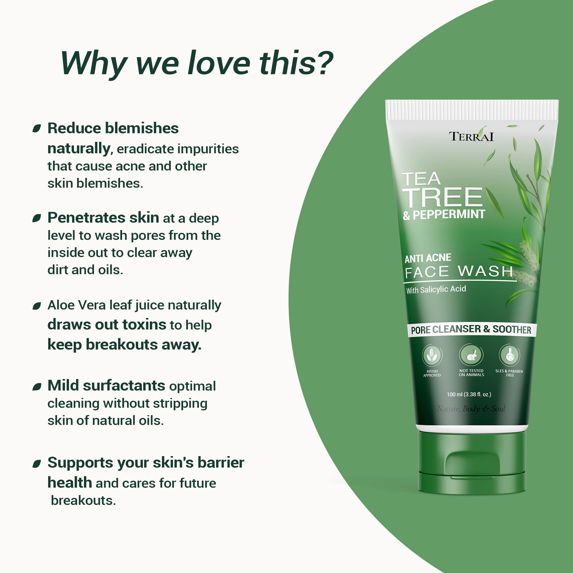 Terrai Tea Tree & Salicylic Acid Acne Face Wash - Oil Control, Blemish Treatment for Acne Prone Skin - Reduces Pimple Marks, Blackheads & Whiteheads - Gentle Cleanser for Men & Women (100ml) - Perfect for Daily Skincare Routine & Post-Workout Cleansing