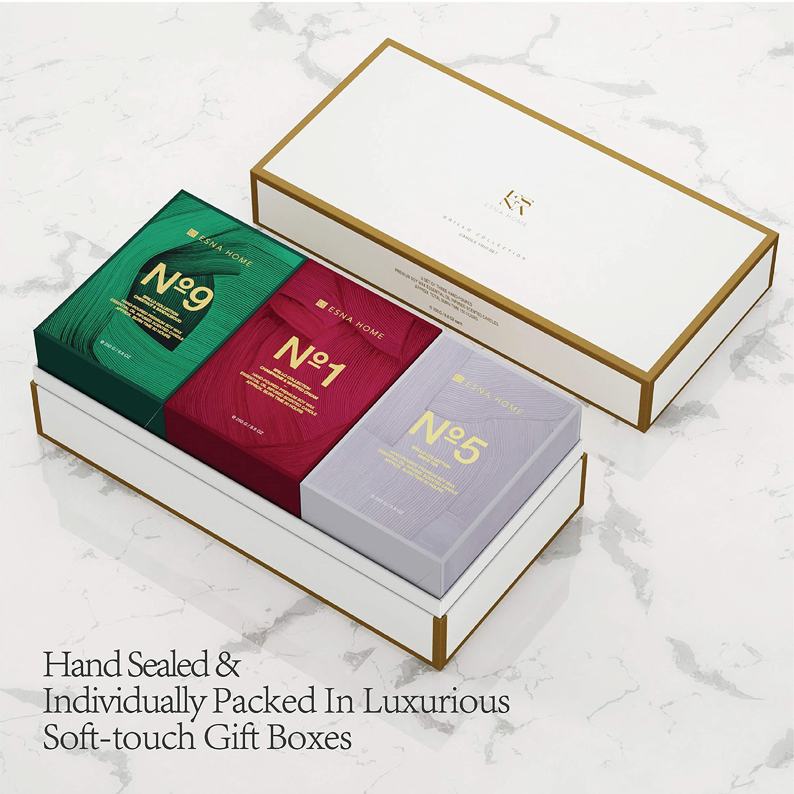 ESNA HOME Luxury Trio Gift Set - 3 Full-Size Aromatherapy Soy Candles | All Natural Scented Candles with 150-Hour Clean Burn | Perfect Holiday Gift Set in Hand-Sealed Box & Matching Sleeve | Ideal for Home Relaxation, Spa Nights & Thoughtful Gifting