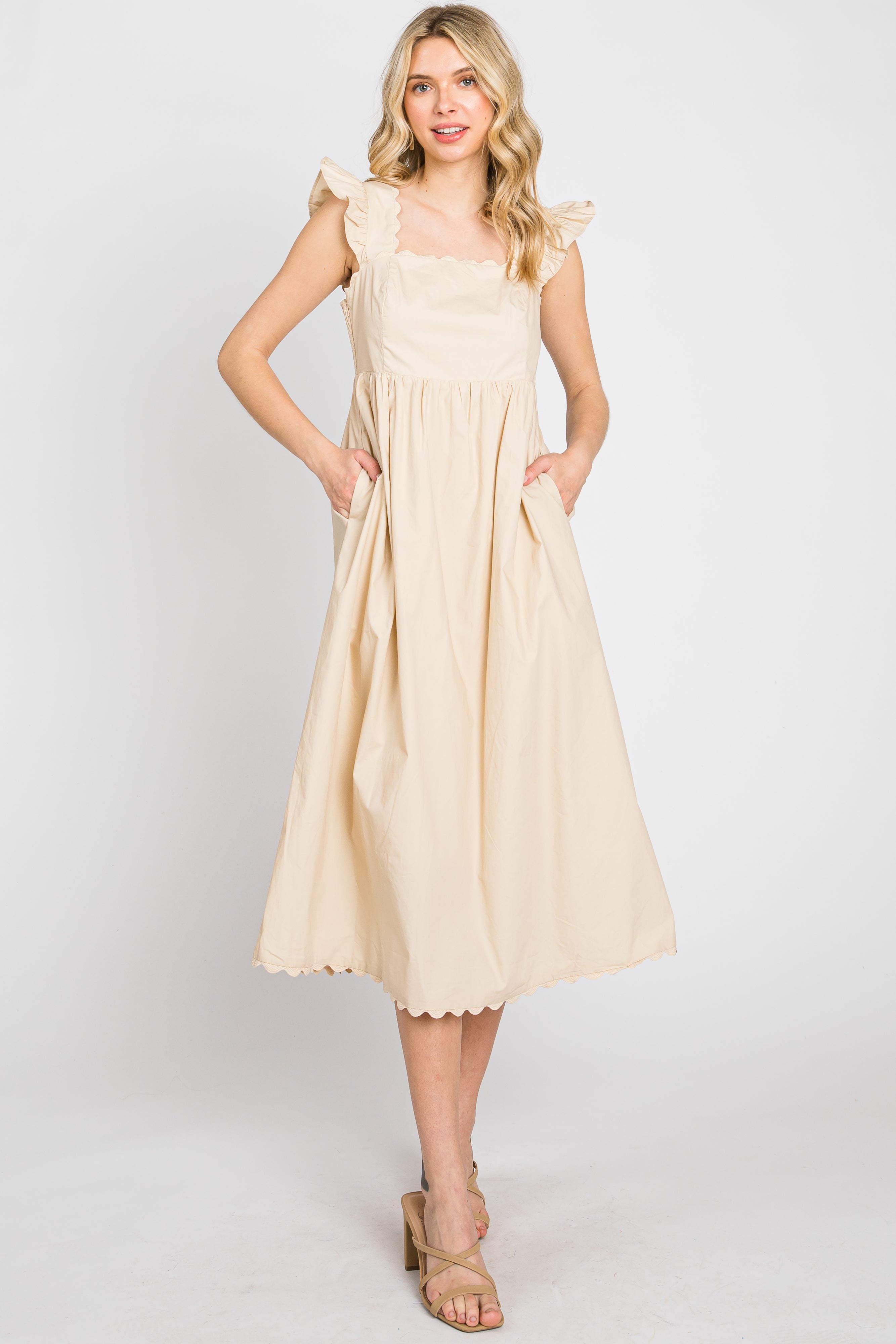 Beige Scallop Flutter Sleeve Maternity Midi Dress for Pregnancy Photos, Baby Shower & Special Occasions