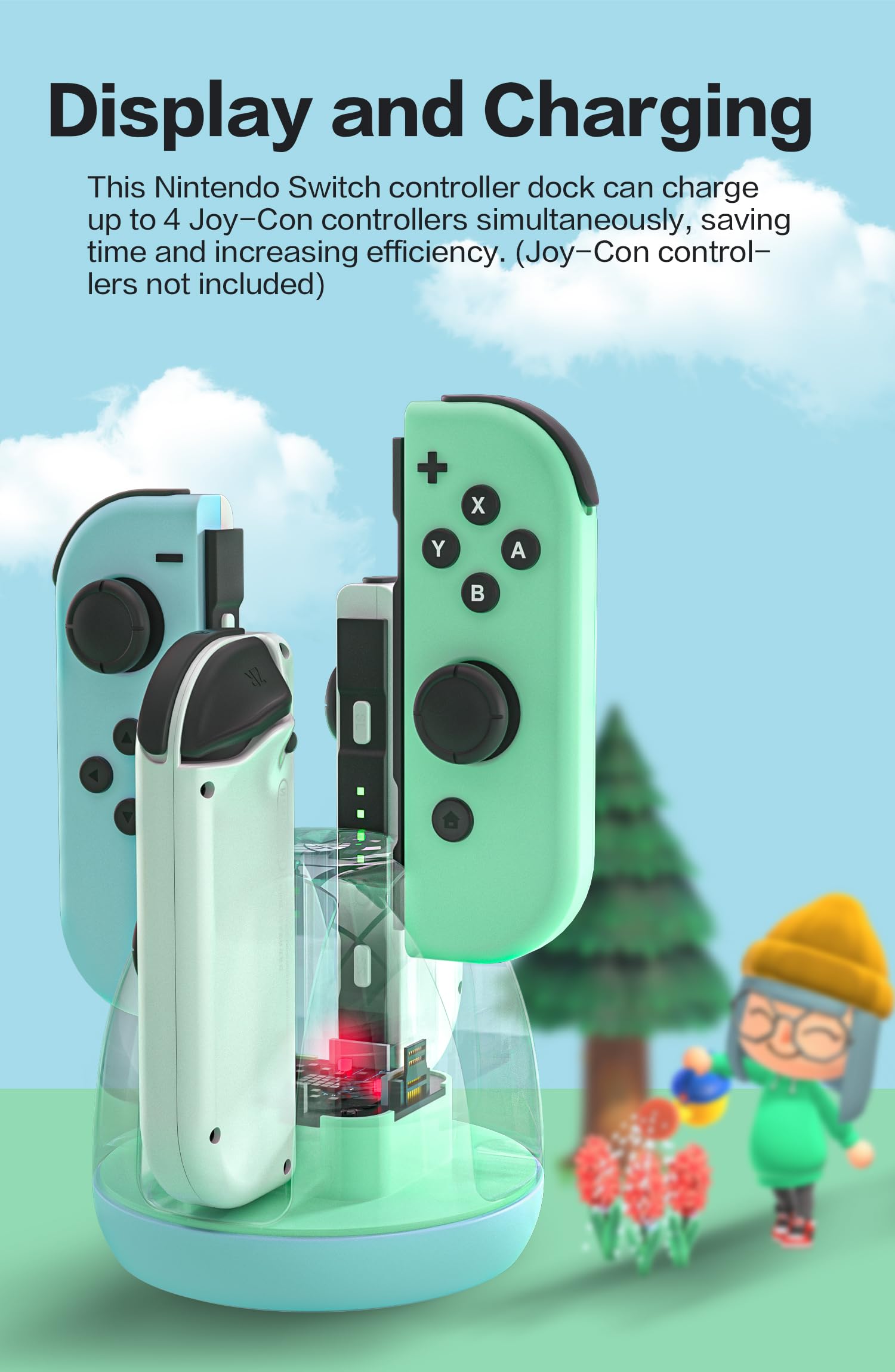 Nintendo Switch Joy-Con Charger Stand - Fast Charging Dock for Switch & Switch OLED Controllers with LED Indicator & USB Cable (Blue Green) - Perfect for Gaming Sessions & Multiplayer Setups