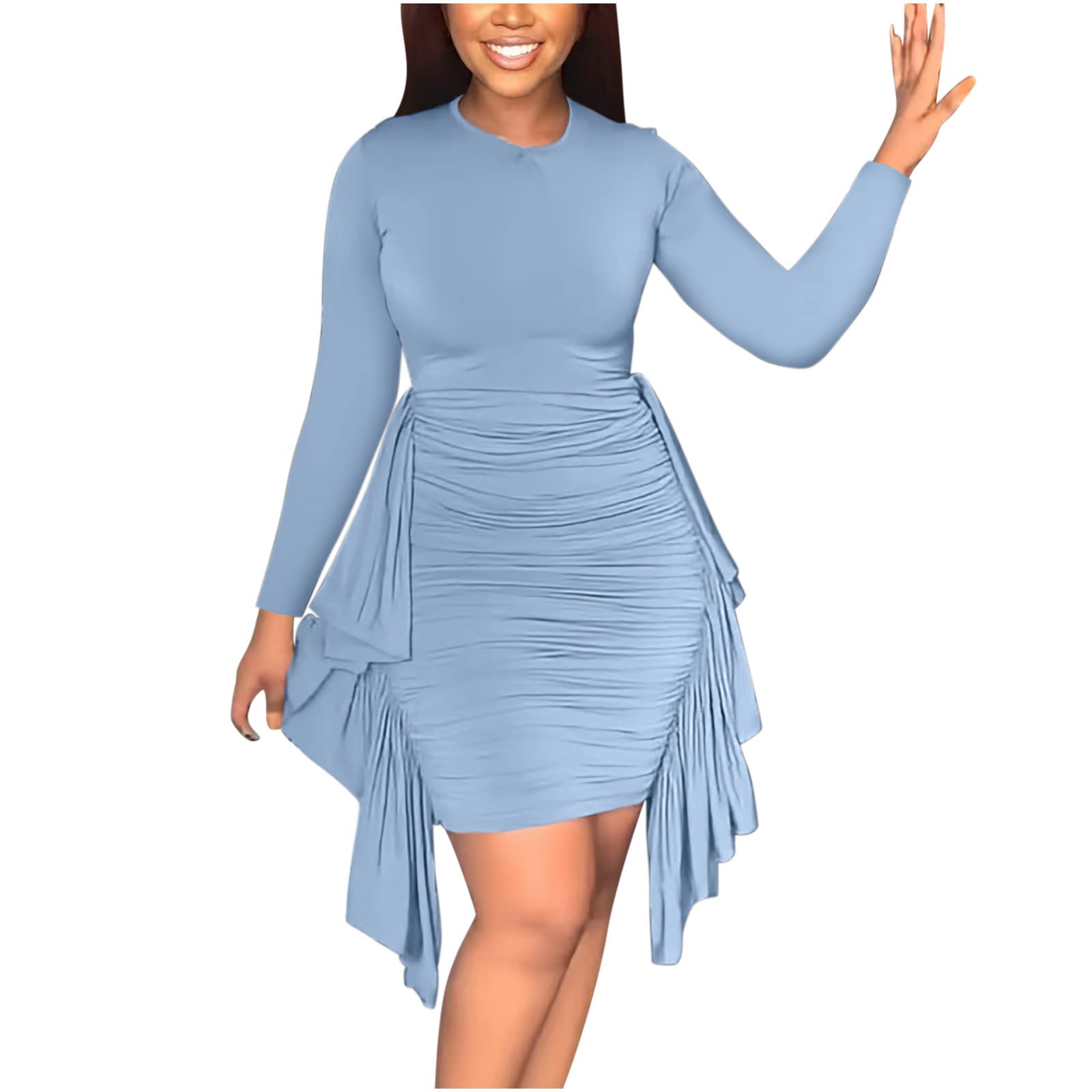 Women's Bodycon Midi Pencil Dress - Long Sleeve Ruched Cocktail Dress for Work, Church & Tea Party | Elegant Ruffle Detail for Evening Events & Special Occasions