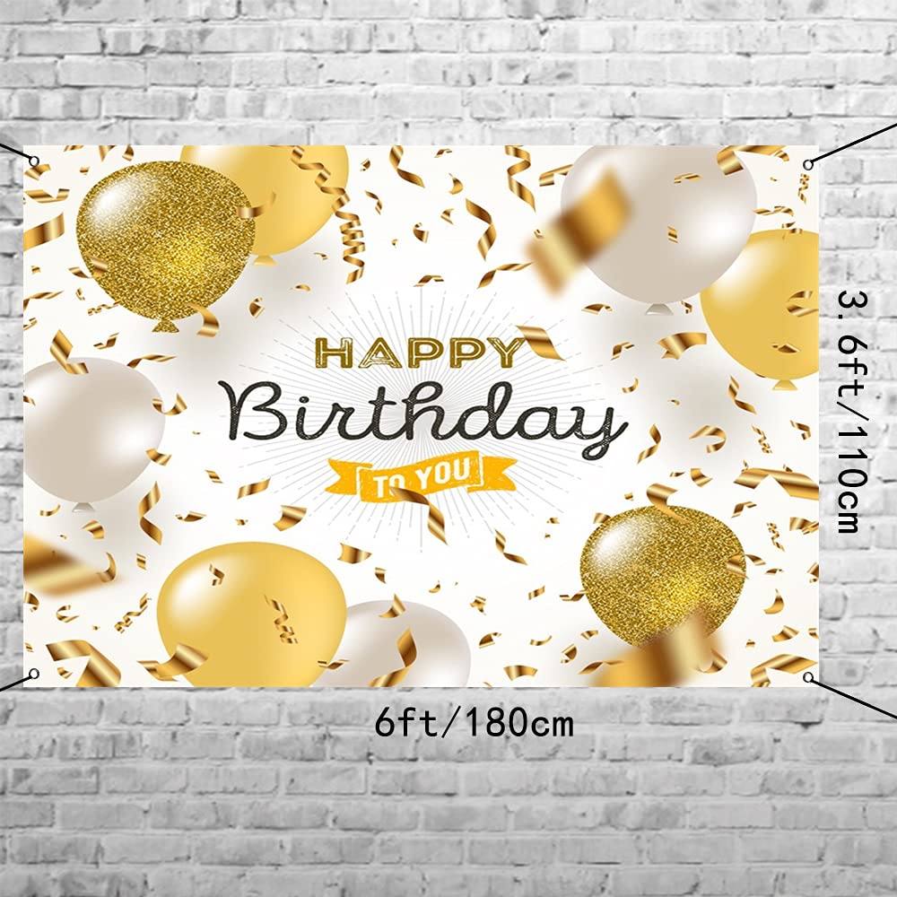 CSFOTO 6x3.6ft Happy Birthday Banner with Balloons - White & Gold Party Decor for Women | Durable Polyester Backdrop for Birthday Photos | Perfect for Birthday Parties, Baby Showers & Celebrations
