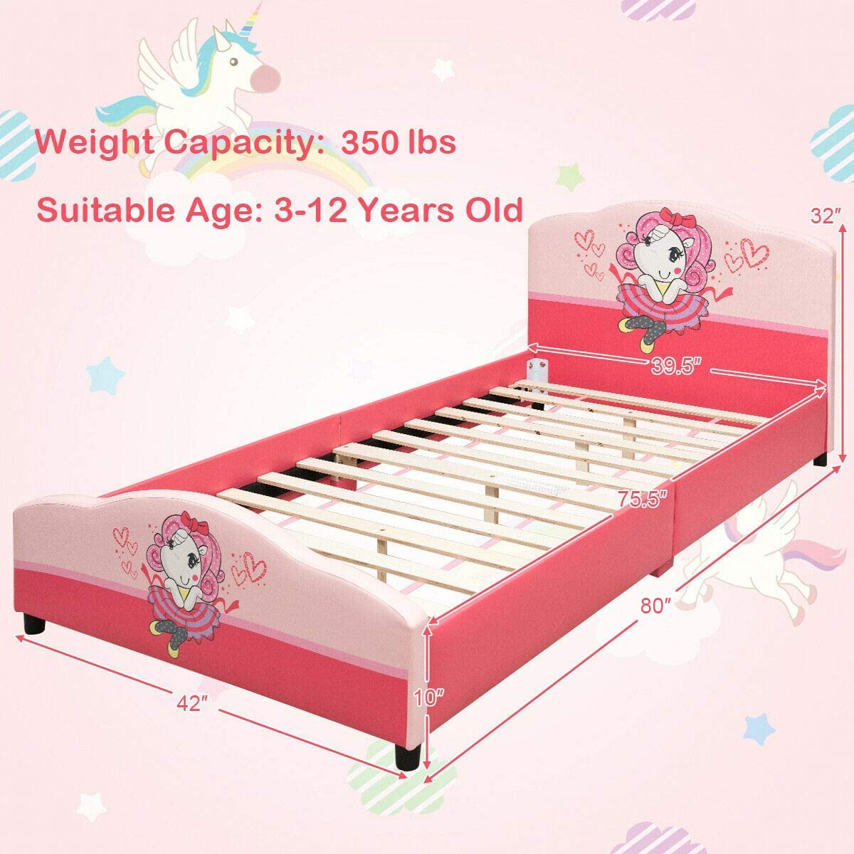 Costzon Twin Bed Frame for Kids - Wooden Upholstered Platform Bed with Slat Support, Padded Headboard & Footboard - No Box Spring Needed - Easy Assembly - Fits Standard Twin Mattress - Perfect for Little Girls' Bedrooms, Playrooms & Sleepovers