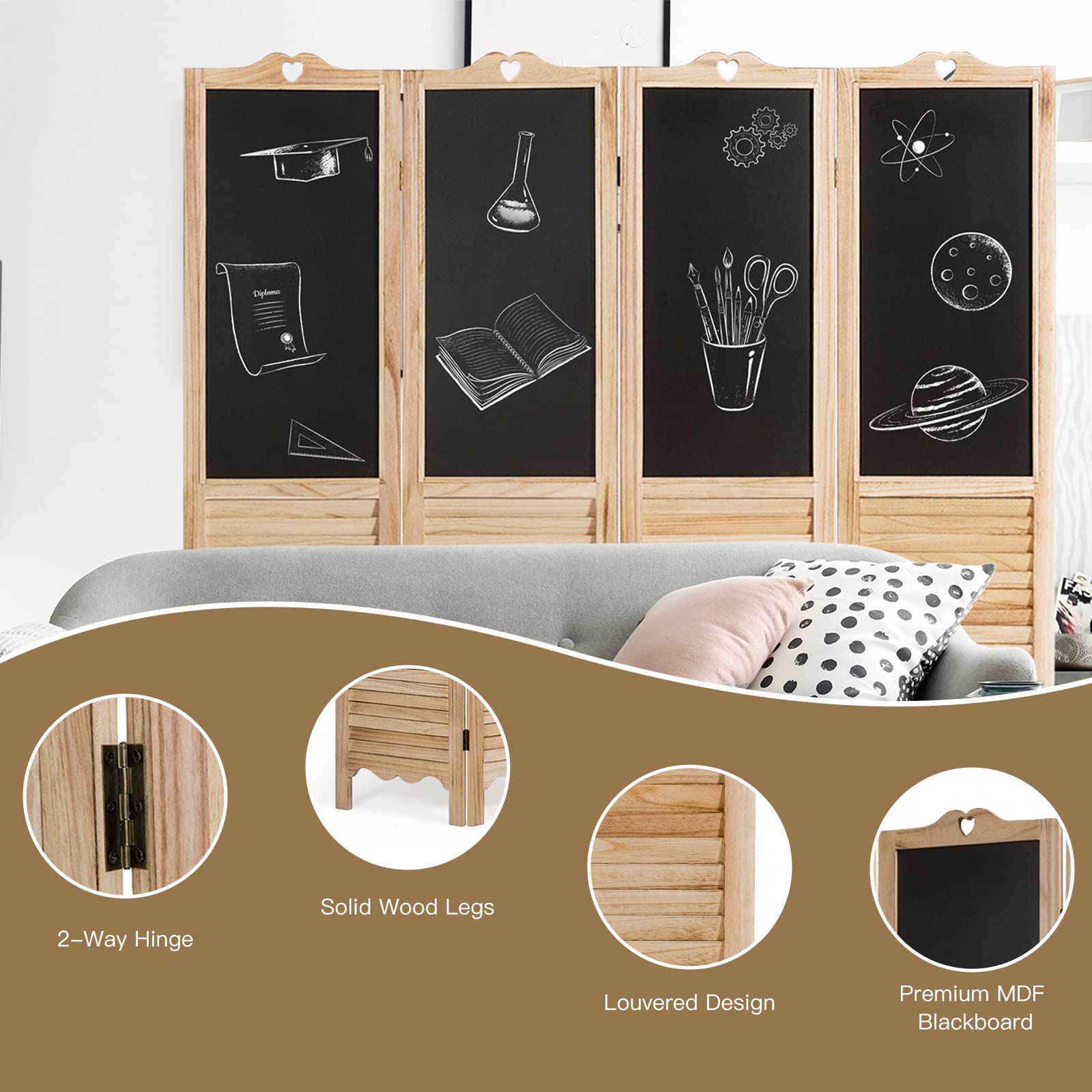 Happygrill 4 Panel Wooden Room Divider with Chalkboard - 5.7 Ft Tall Folding Privacy Screen for Bedroom, Office, Living Room & Restaurant - Perfect for Space Partition, Home Decor & Creative Note-Taking