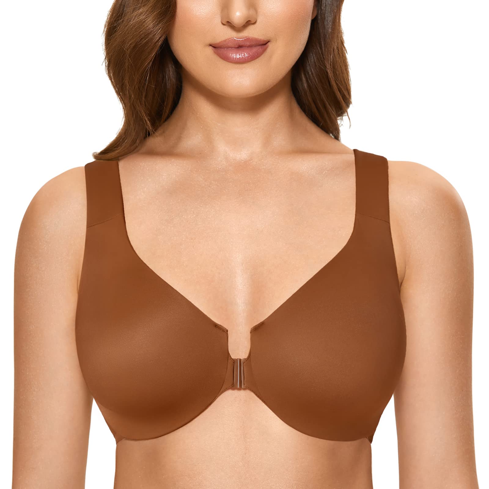 DELIMIRA Women's Front Closure Wireless Bra - Racerback Plus Size Unlined Full Coverage Plunge Bras for Everyday Comfort | Workout, Yoga & Daily Wear