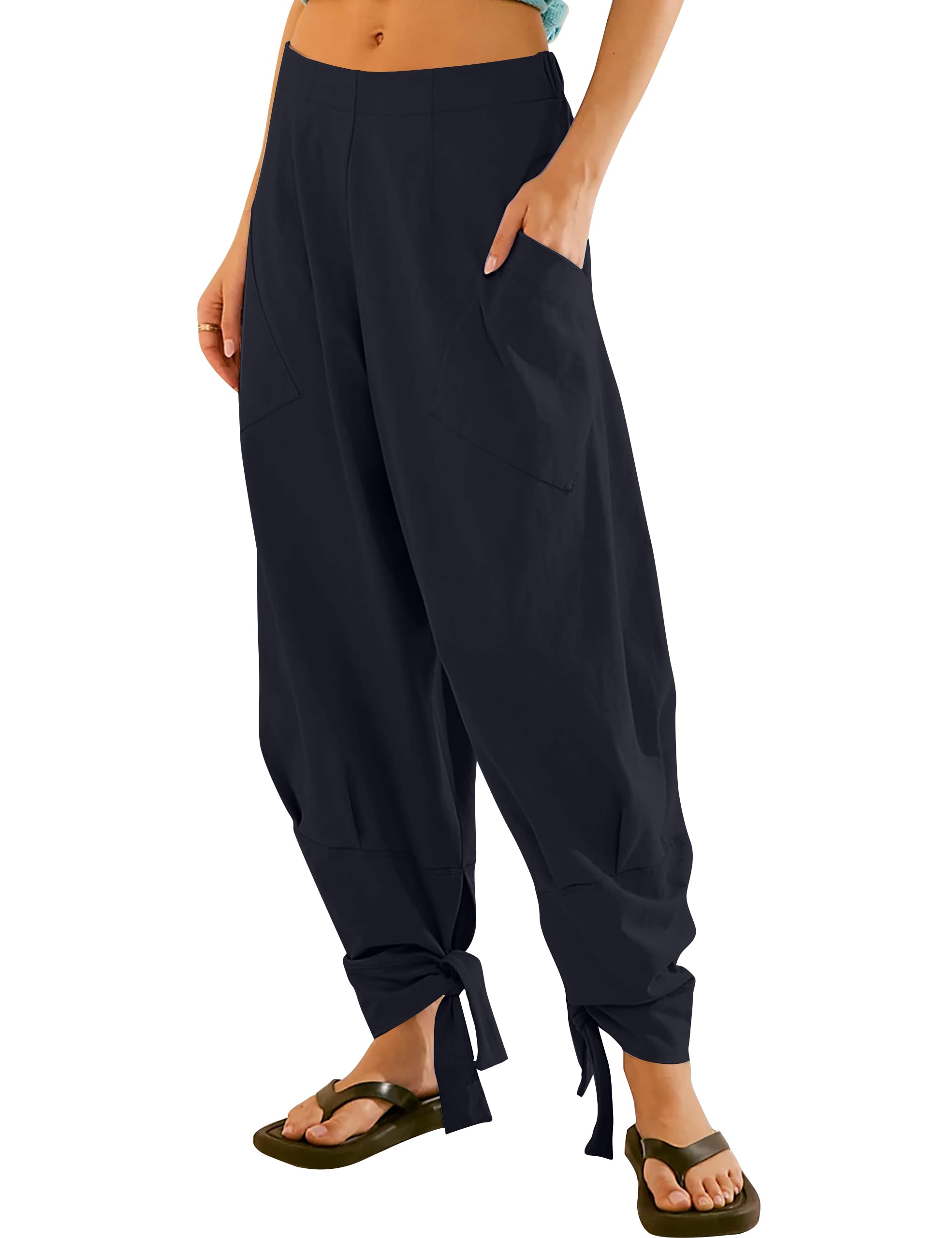 Women's High Rise Elastic Waist Wide Leg Pants - Solid Color Loose Lounge Trousers with Pockets | Casual Comfort for Work, Travel & Everyday Wear