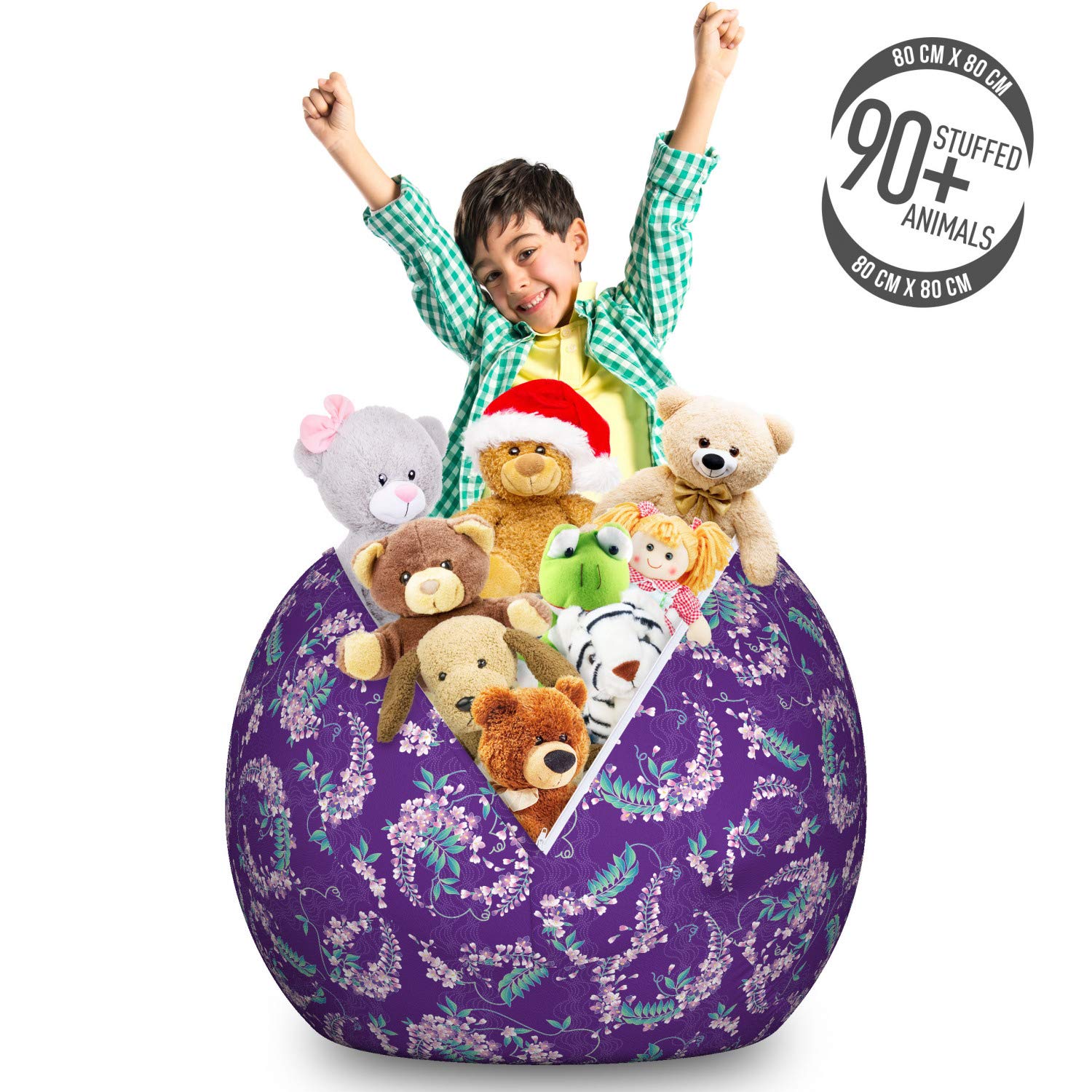 Ambesonne Floral Storage Toy Bag Chair - Japanese Style Wisteria Flowers Design, Large Washable Stuffed Animal Organizer Bag in Purple Seafoam | Perfect for Kids' Room, Nursery, Playroom & Home Decor