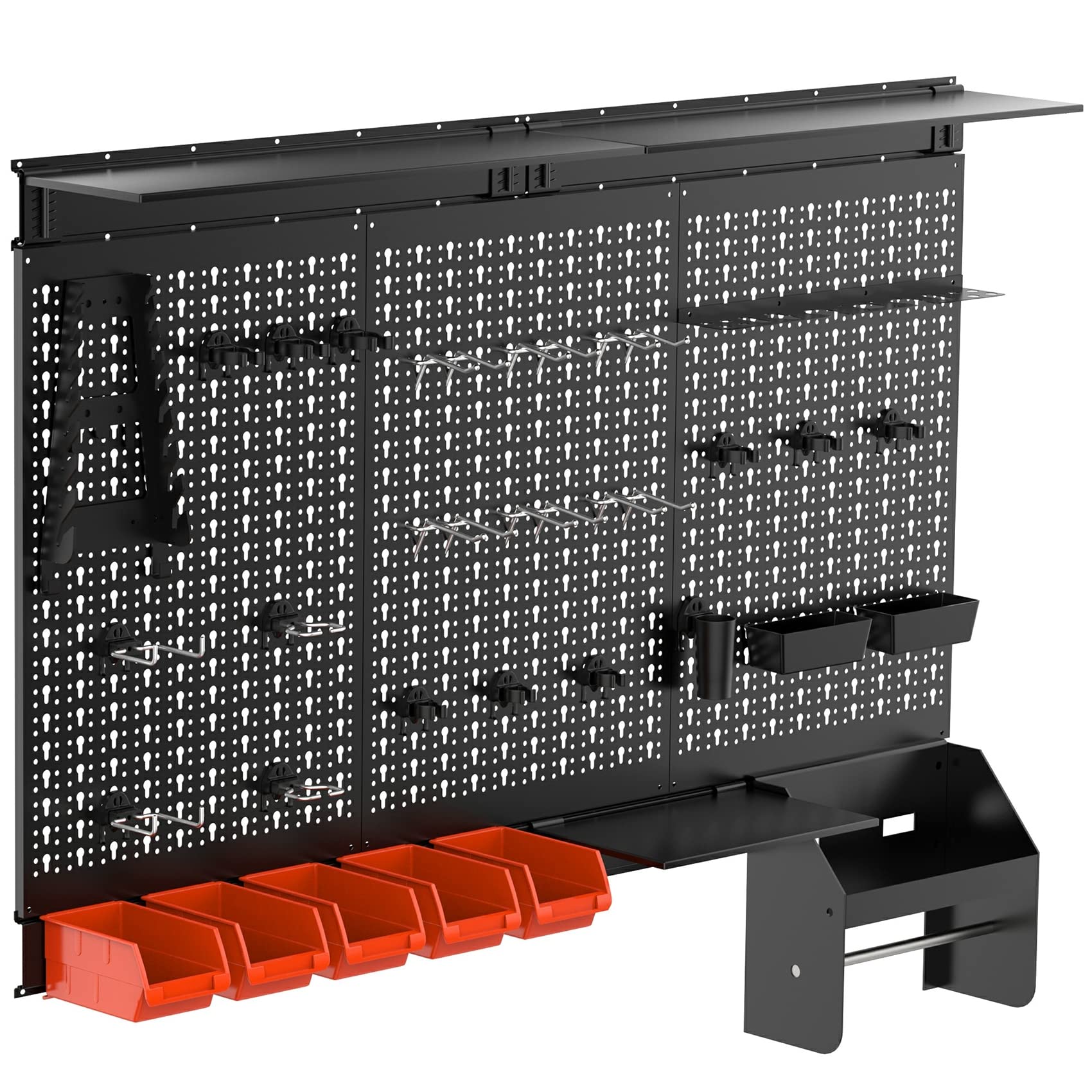 TORACK 4ft Metal Pegboard Wall Organizer - Heavy Duty Garage Tool Storage System with Wall Mount Bins, Shelves & Accessories | Perfect for Workshop, Garage & DIY Projects (Black)
