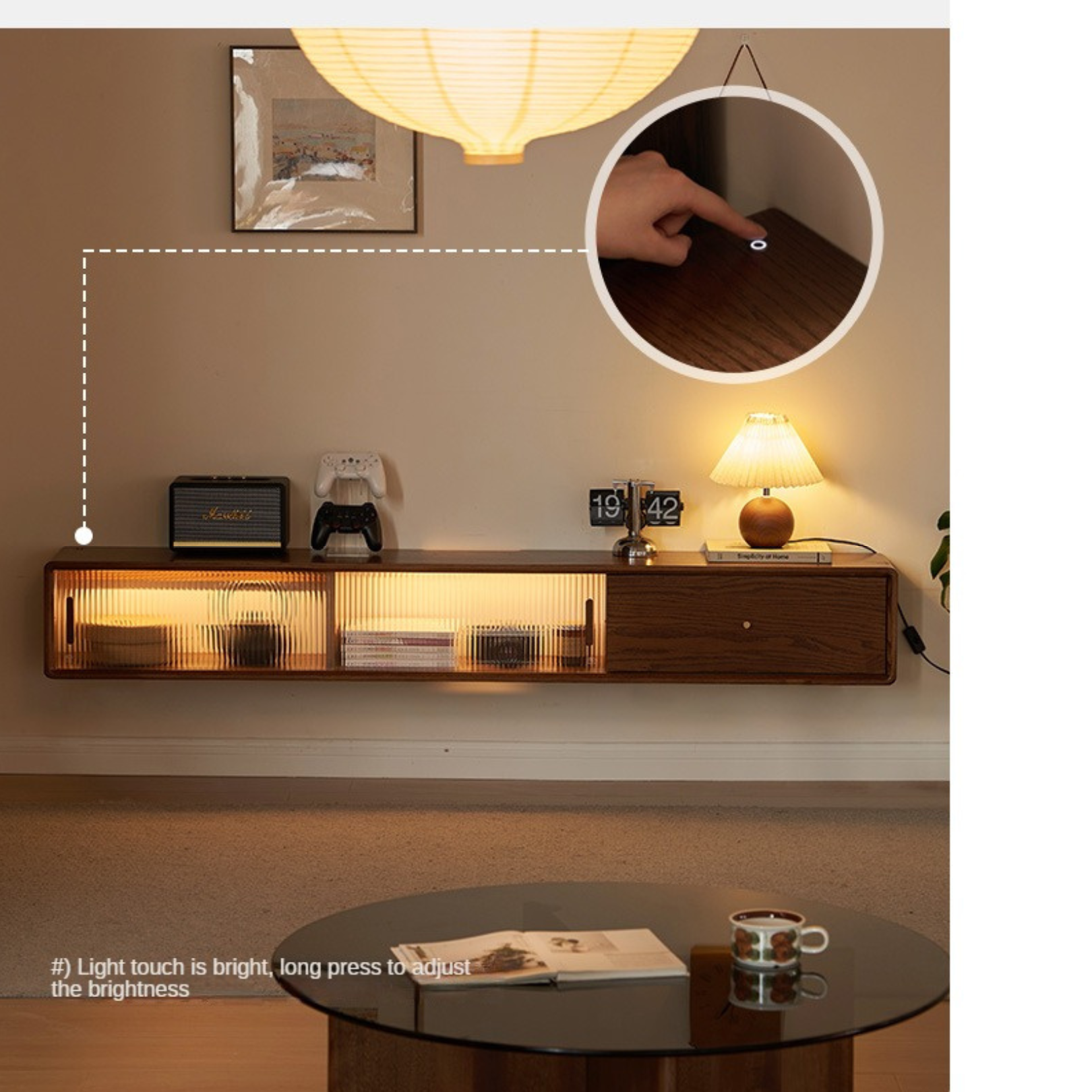 Solid Oak Wood Floating Glass Sliding Door TV Stand - Modern Entertainment Center for Living Room & Home Theater