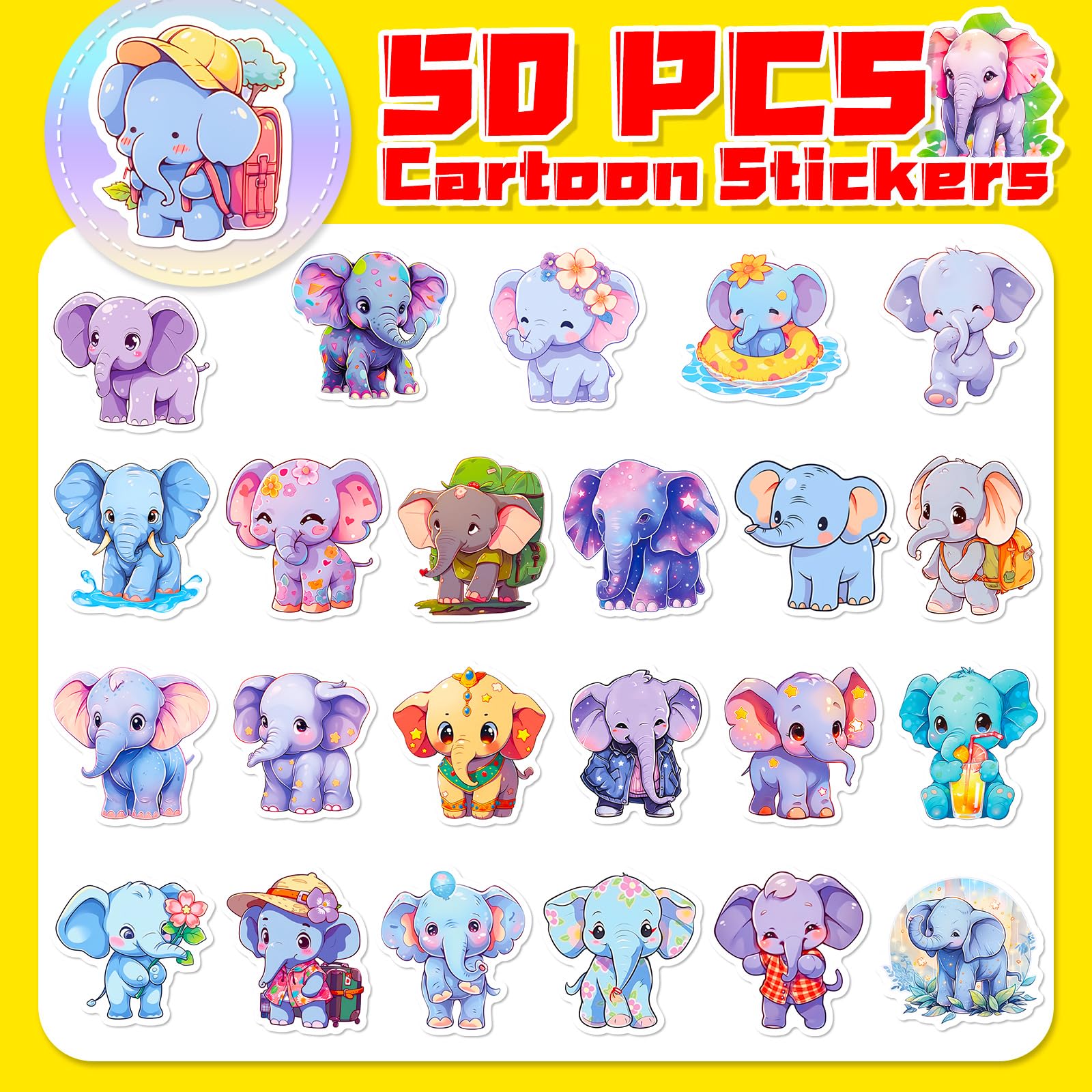 50PCS Cute Elephant Stickers for Kids & Adults - Waterproof Vinyl Decals for Water Bottles, Laptops, Luggage - Kawaii Animal Stickers for School, Office & Travel Decor