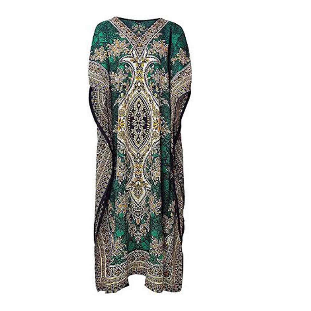 Sharvgun Women's Long Kaftan Dress - V-Neck Kimono Tunic with Drawstring Waist, Flowy Beach Cover Up & Casual Lounge Gown, One Size Fits Most in Emerald Green | Perfect for Vacation, Poolside, Boho Outfits & Relaxing at Home