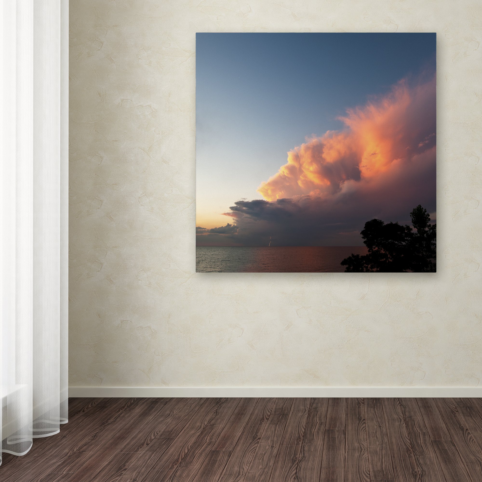 Kurt Shaffer Sunset Lightning Canvas Wall Art - 35x35 Inch Distant Lightning at Sunset Painting, Modern Home Decor for Living Room, Bedroom & Office