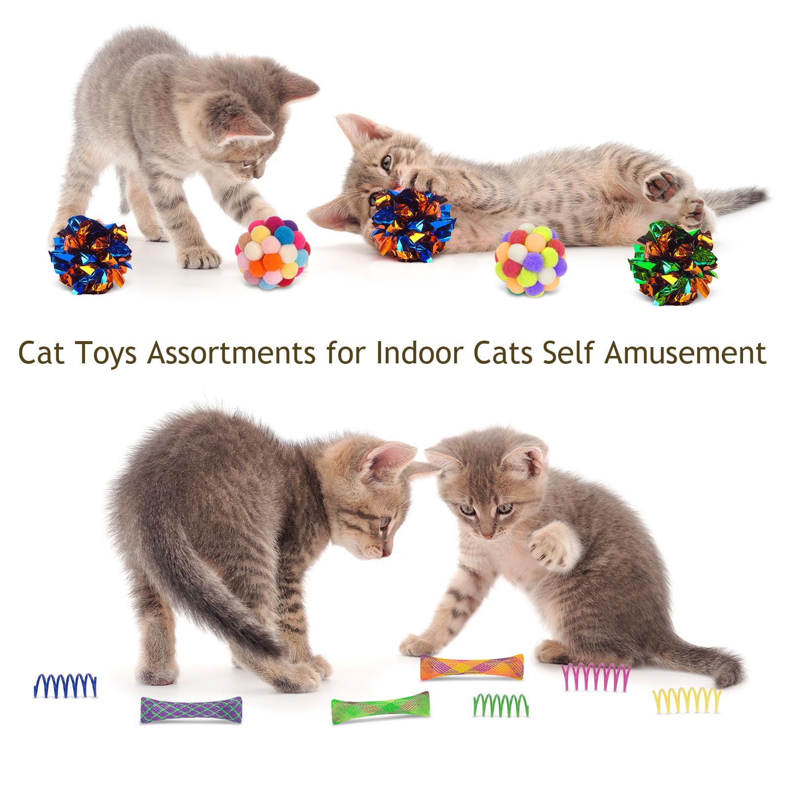 25 Pcs Cat Toys Set: Interactive Feather Teaser Wand, 4 Collapsible Cat Tunnels, Springs, Mouse, Crinkle Toys, Rainbow Football Ball with Bell - Perfect for Indoor Kittens and Cats Playtime