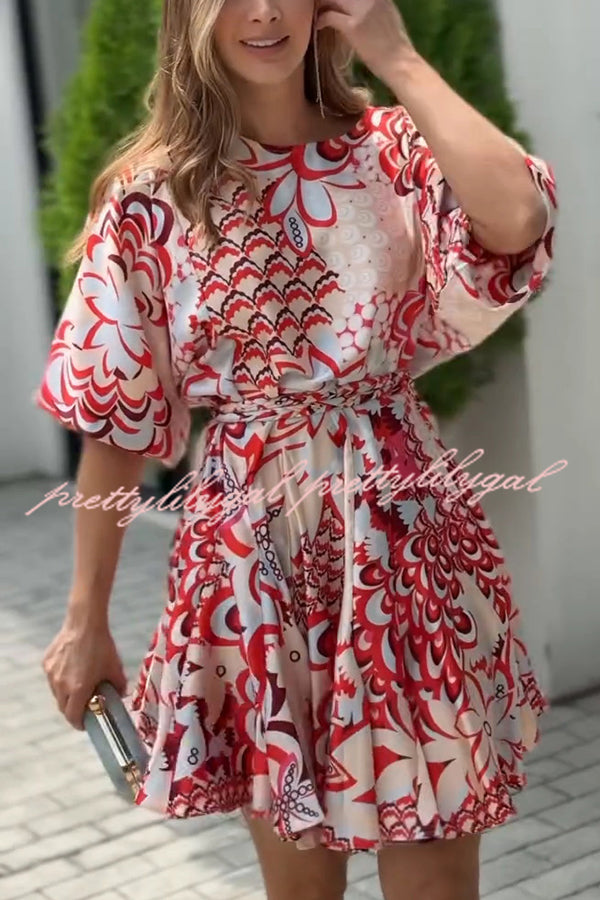 **Stylish Printed Round Neck Short Sleeve Waist Tie Mini Dress for Women - Perfect for Vacation, Beach, and Summer Outfits**