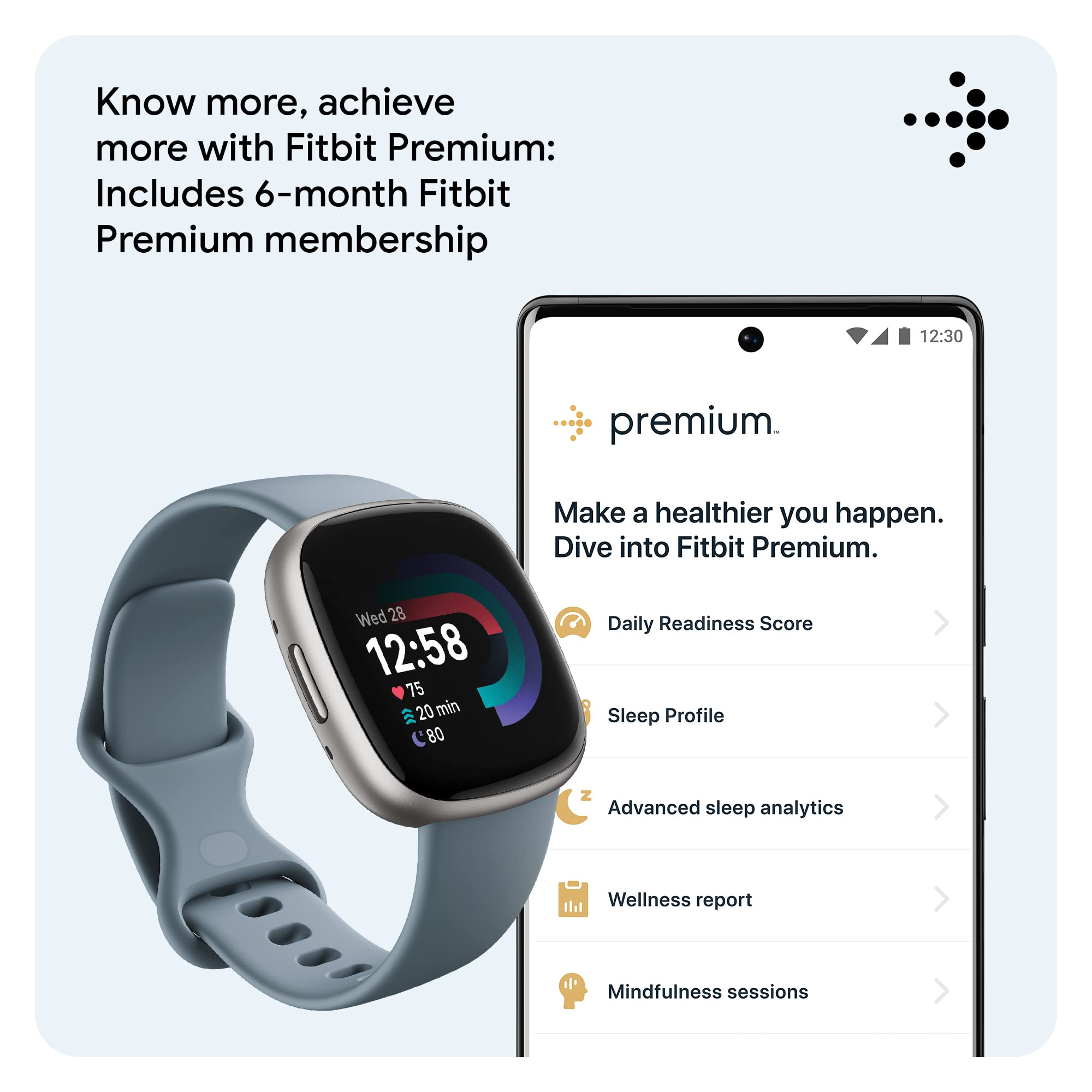 Fitbit Versa 4 Smart Watch with GPS, Heart Rate Monitor & 40+ Exercise Modes - Waterproof Fitness Tracker for Running, Swimming & Sleep Tracking - Includes S & L Bands (Waterfall Blue/Platinum) - Perfect for Active Lifestyles & Health Monitoring