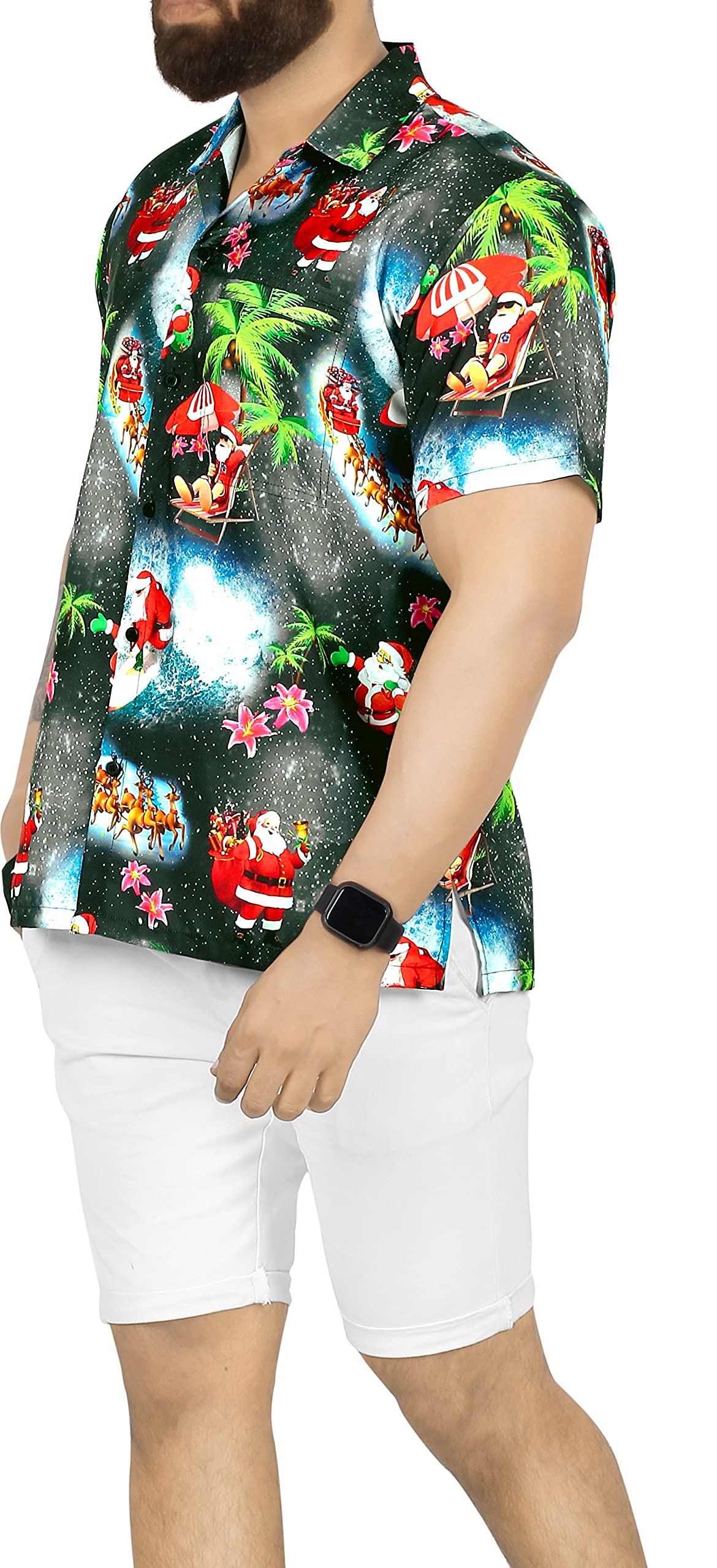 Happy Bay Men's Hawaiian Christmas Tree Short Sleeve Button Down Shirt - Tropical Vacation Beach Shirt for Men - Perfect for Luau Parties, Summer Holidays & Casual Wear