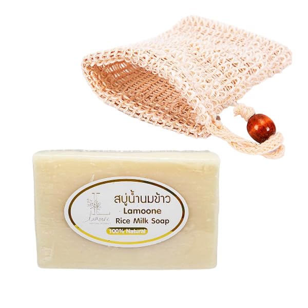 Organic Herbal Rice Milk Soap with Natural Exfoliating Bag - Moisturizing Collagen Glycerin Vitamin E Soap Bar 3.5oz (100g) - Gentle Lather for Dry & Sensitive Skin - Made in Thailand - Perfect for Daily Cleansing, Spa Treatment & Gift Giving