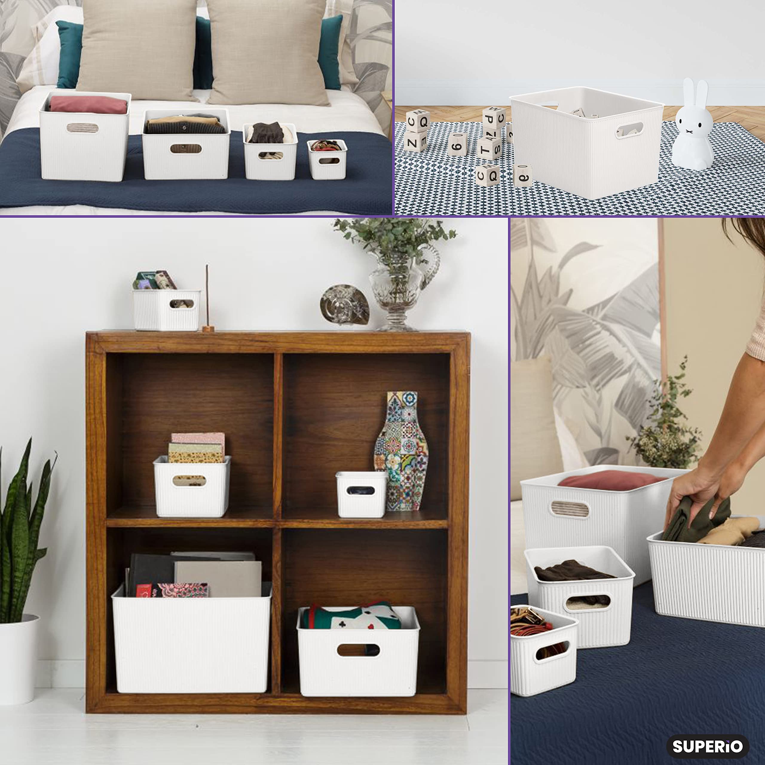 Superio Ribbed Collection - Decorative Plastic Storage Bins & Organizer Baskets (Set of 2, X-Large) - White & Brown Home Organization Boxes for Closet, Shelf, Drawer & Pantry Storage - Perfect for Bedroom, Bathroom & Office Organization