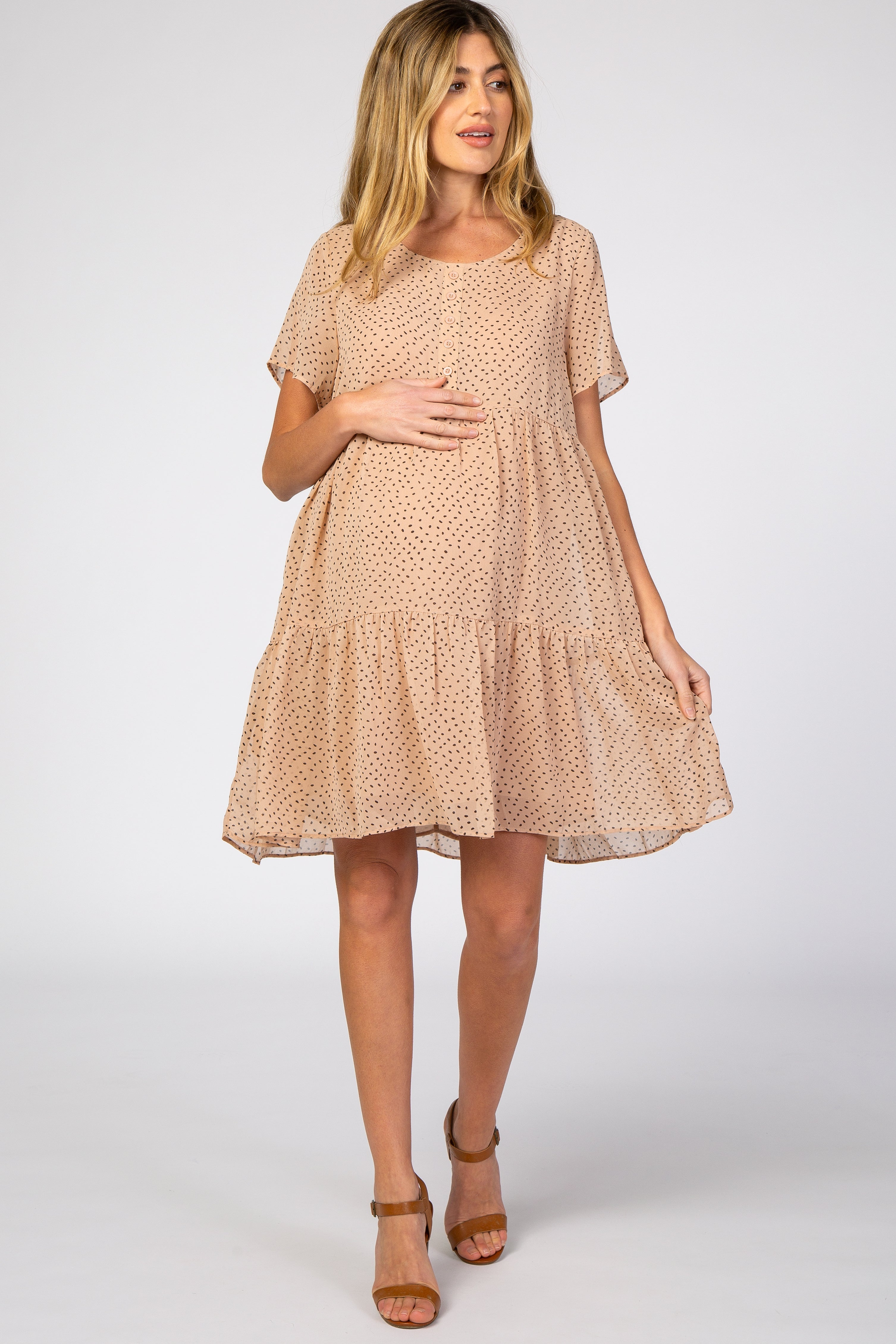 Beige Polka Dot Tiered Maternity Dress - Flowy Pregnancy Dress for Women, Comfortable Nursing Dress for Baby Shower, Maternity Photo Shoot & Everyday Wear