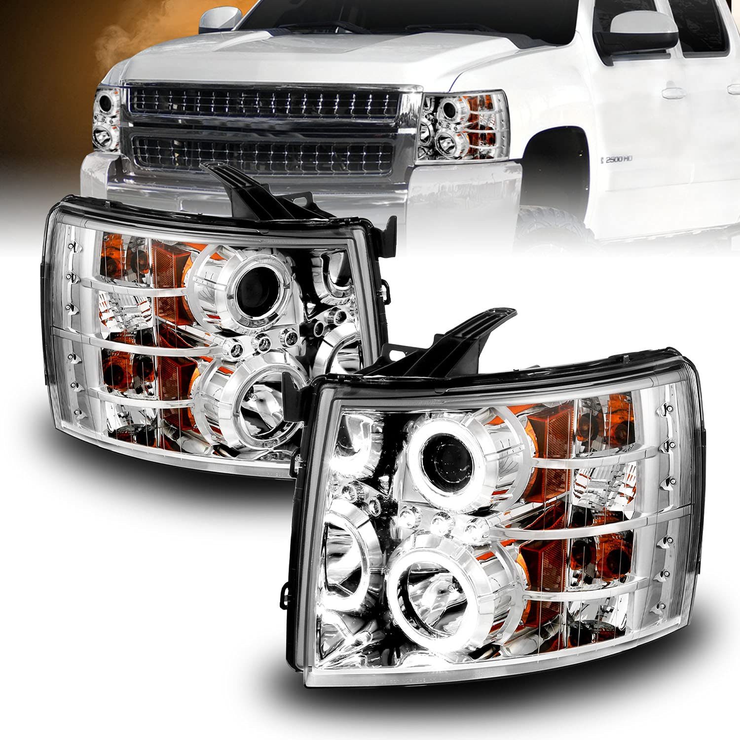 AmeriLite Chrome LED Halo Projector Headlights for Chevy Silverado 1500 2500 3500 - Pair (Driver & Passenger Side) - Upgrade Your Truck's Style & Night Visibility for Off-Roading & Daily Driving