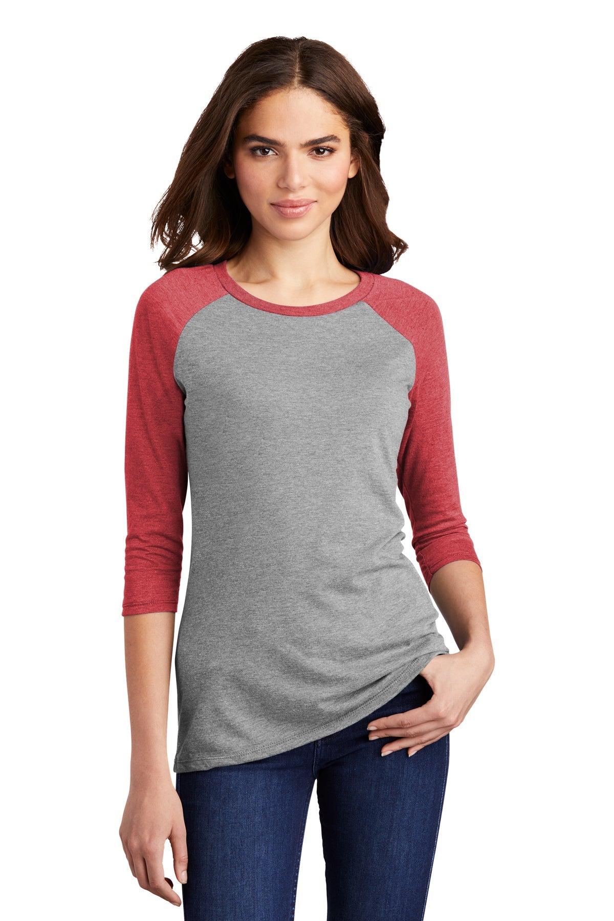 District Made Women's Perfect Tri 3/4 Sleeve T-Shirt - Red Frost & Grey Frost - Casual Comfort Top for Everyday Wear, Work & Outings