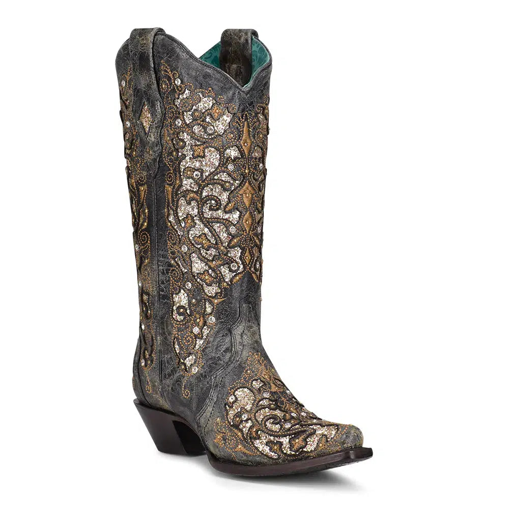 Women's Black Western Cowgirl Leather Boots with Sequins & Crystals - Stylish Tall Riding Boots for Country Dance, Rodeo & Cowgirl Fashion
