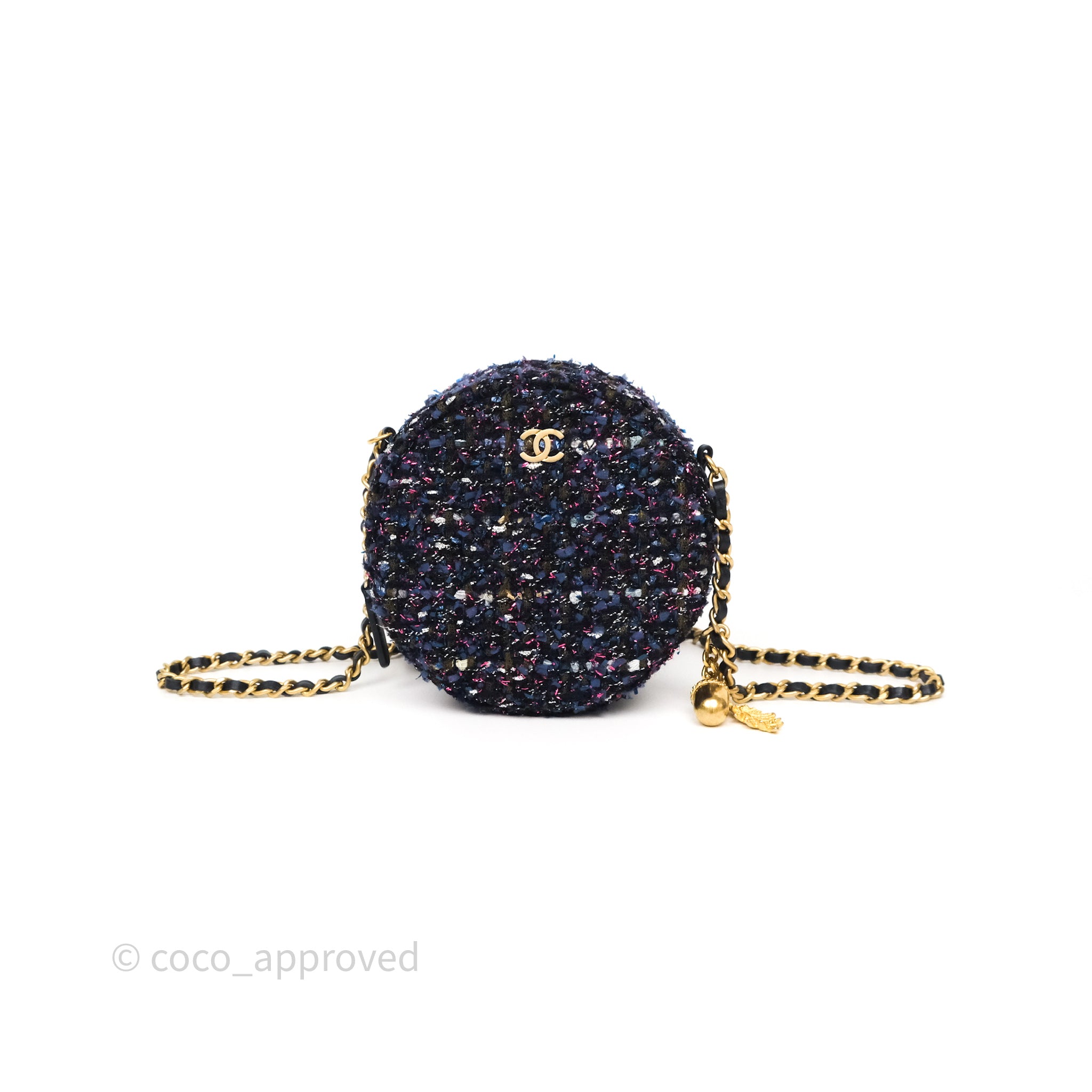 Chanel Navy Purple Tweed Round Clutch Bag with Chain & Aged Gold Hardware - Elegant Evening Clutch for Parties, Weddings & Special Events