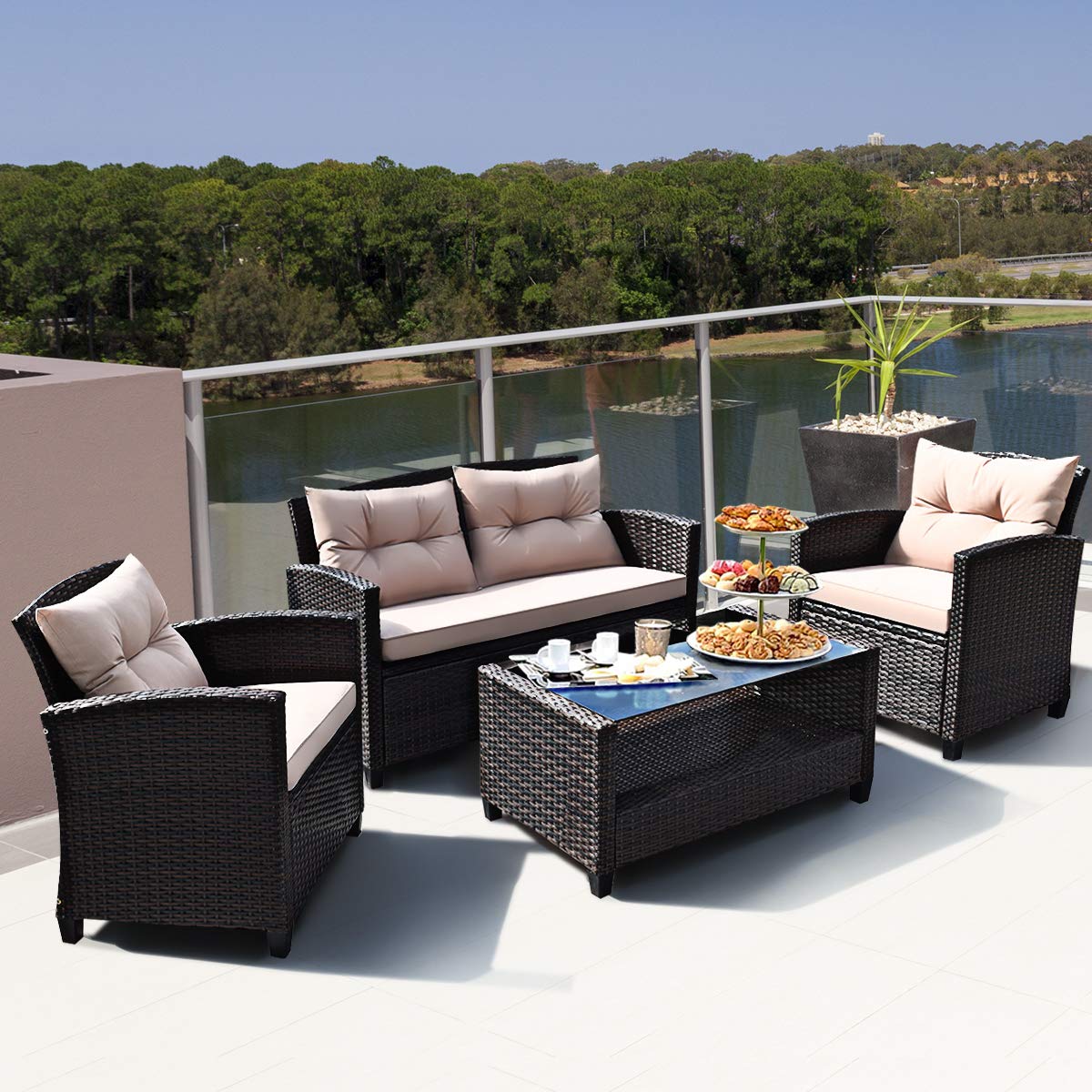 HAPPYGRILL 4-Piece Rattan Wicker Patio Conversation Set with Loveseat, 2 Chairs & Coffee Table - Outdoor Indoor Furniture for Backyard, Porch, Garden, Poolside, Balcony - Perfect for Relaxing, Entertaining & Lounging