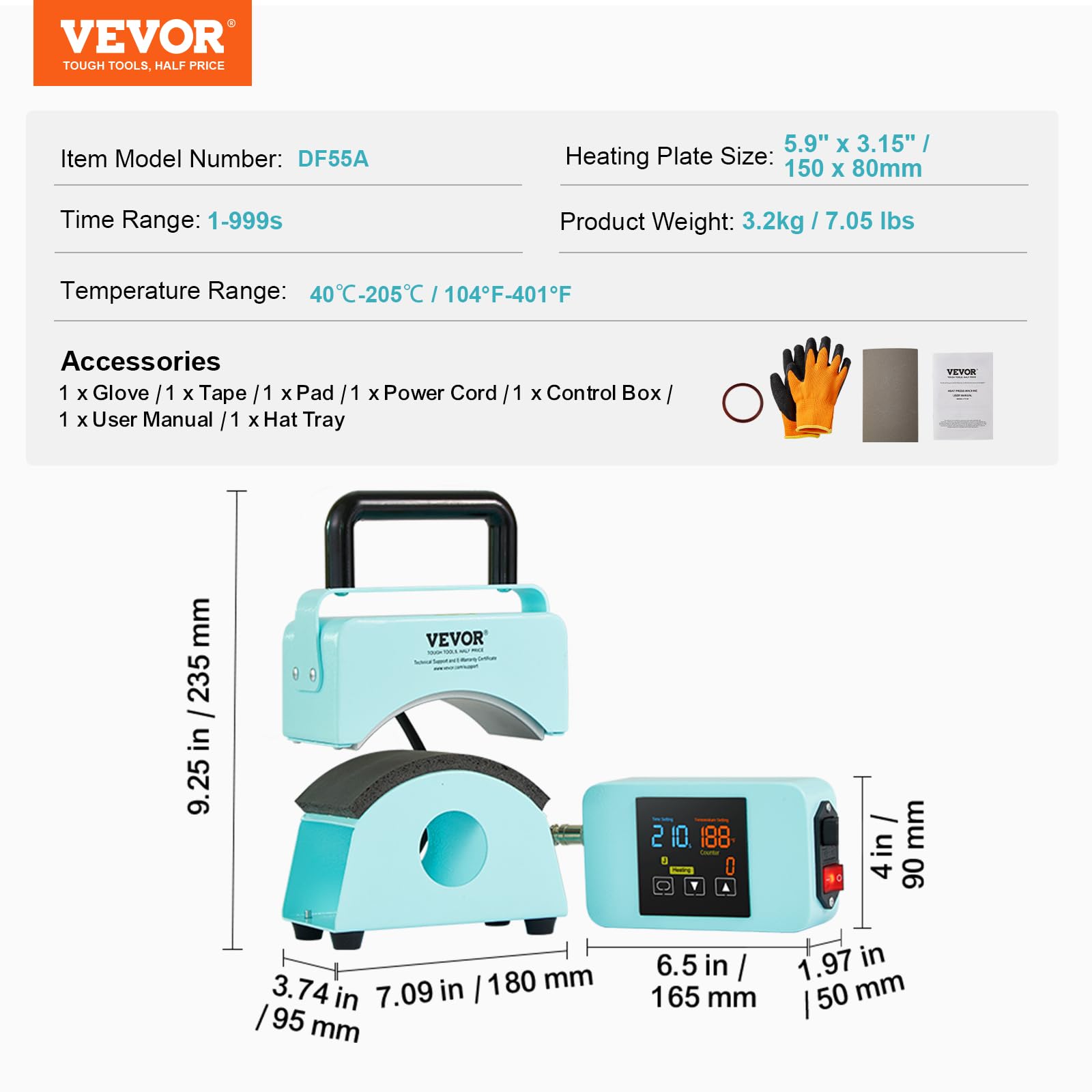 VEVOR Mini Hat Heat Press Machine for Caps - 5.9x3.15 Inch Curved Heating Plate with Safety Base, Glove & Auto Shut-Off - Perfect for Custom Hat Printing, DIY Projects & Small Business Use