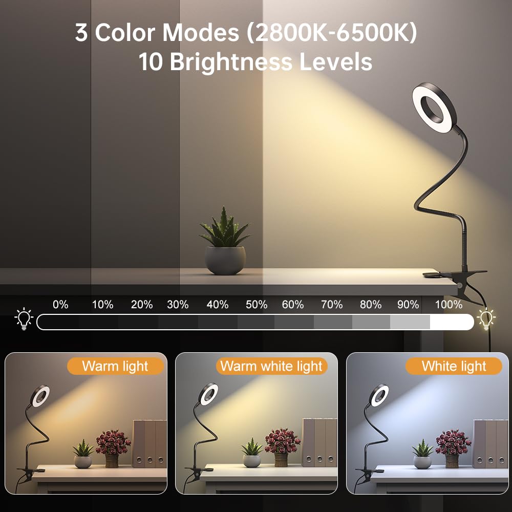KEXIN Clip on Table Lamp - 3 Color Modes, 10 Brightness Levels, Dimmable Eye-Caring Reading Light with 360° Rotatable Metal Gooseneck - Portable Small Desk Lamp for Home, Office, Study, and Nightstand Use