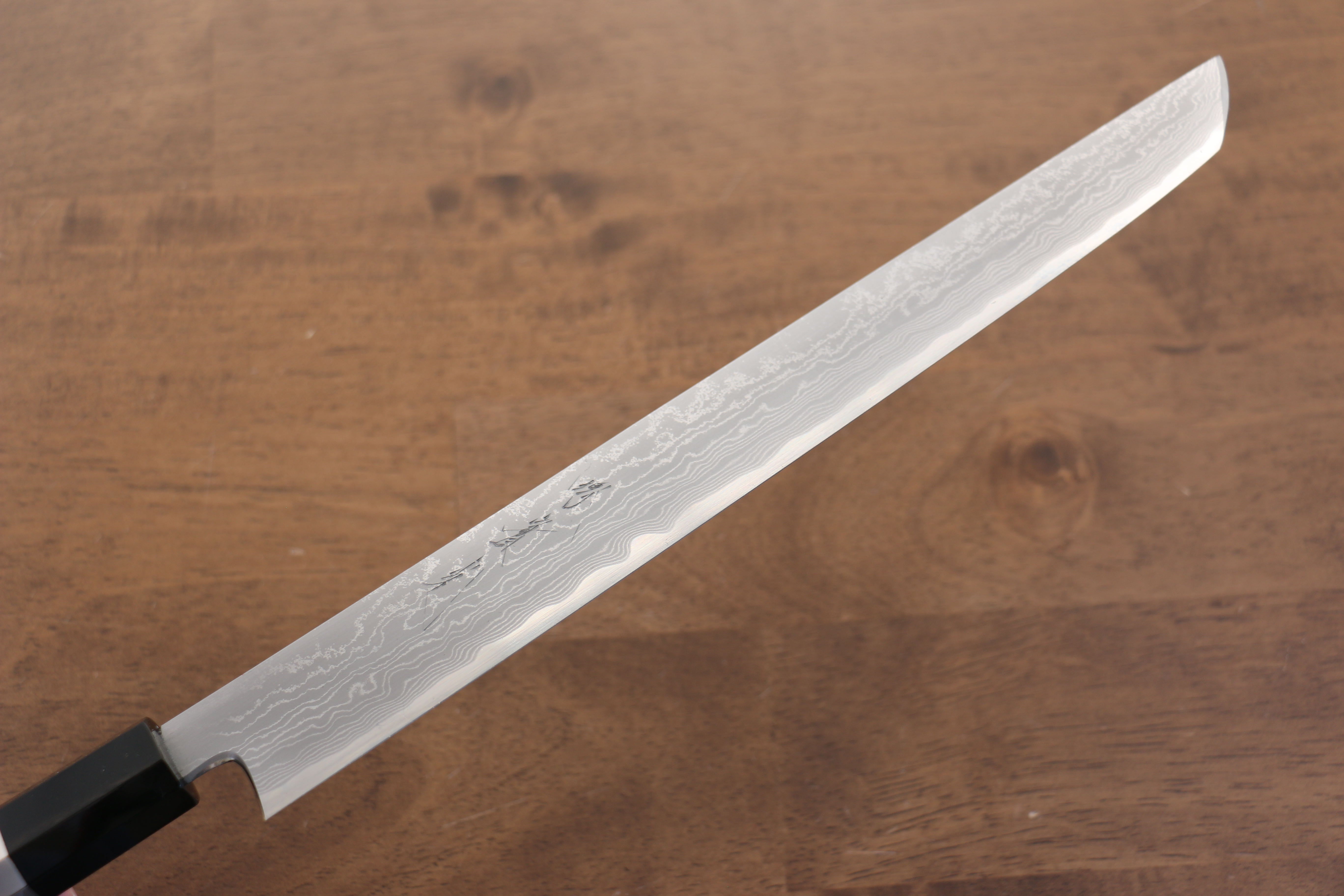 Premium Jikko Blue Steel Damascus Sakimaru Sujihiki Knife 270mm - Handcrafted Japanese Chef Knife with Ebony Wood & Double Ring Handle - Perfect for Slicing Sashimi, Meat, and Precision Cutting