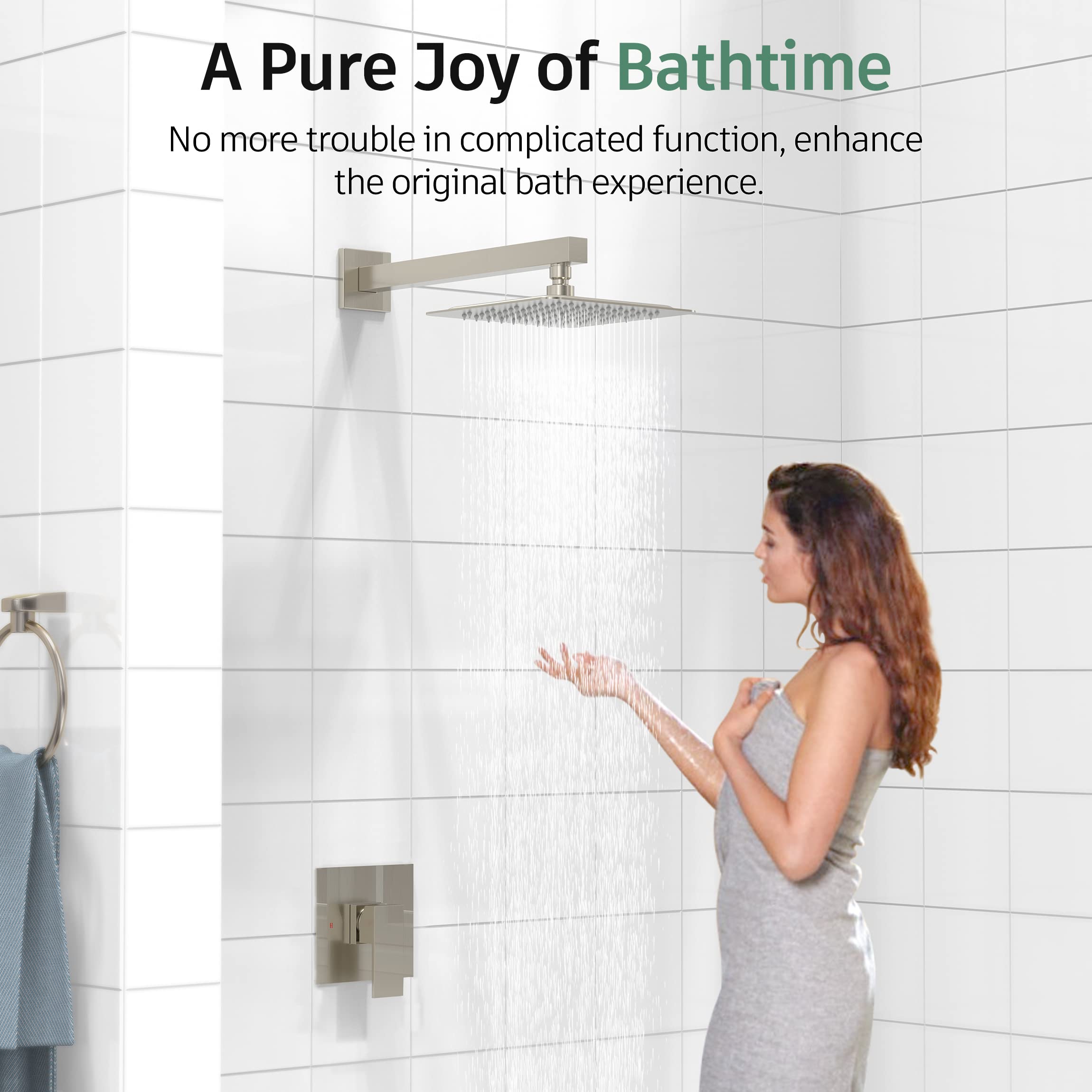 SunCleanse 8 Inch Square Shower Faucet Set with Valve - Brushed Nickel Single Handle Shower Trim Kit with Extra Long Shower Arm - Perfect for Modern Bathroom Renovations & Spa-Like Shower Experience
