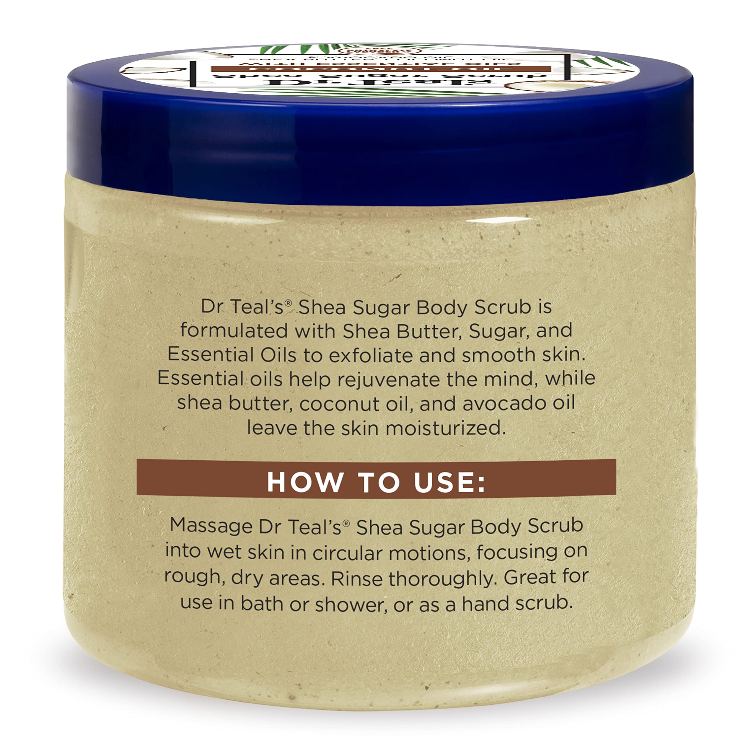 Dr Teal's Shea Sugar Body Scrub with Coconut Oil & Essential Oils - Exfoliating & Moisturizing for Soft Skin - 18.9oz (538g) - Perfect for Spa Day, Dry Skin Care & Relaxing Bath Time