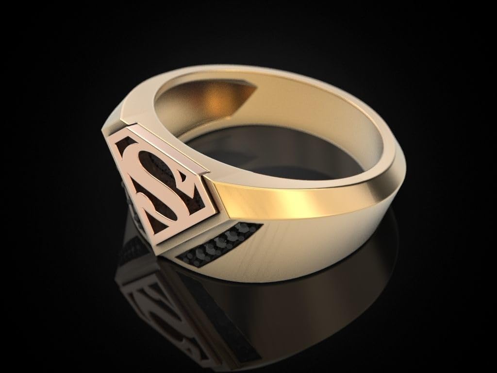 0.10 Ct Round Cut Black Diamond Men's Superhero Ring - 14K Gold Plated 925 Sterling Silver Handmade Signet Ring - Perfect Gift for Him - Ideal for Cosplay, Weddings & Special Occasions