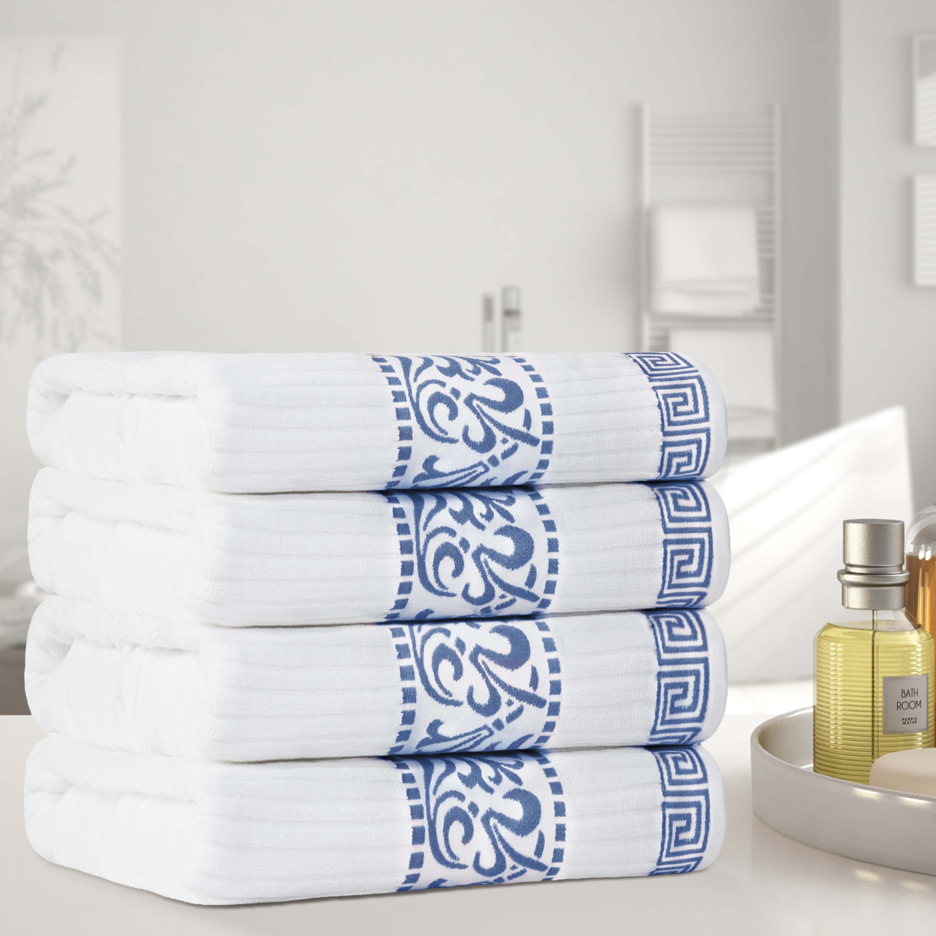 Premium Athens Cotton Greek Scroll & Floral 4-Piece Bath Towel Set - Soft & Absorbent for Spa, Bathroom & Guest Room Decor