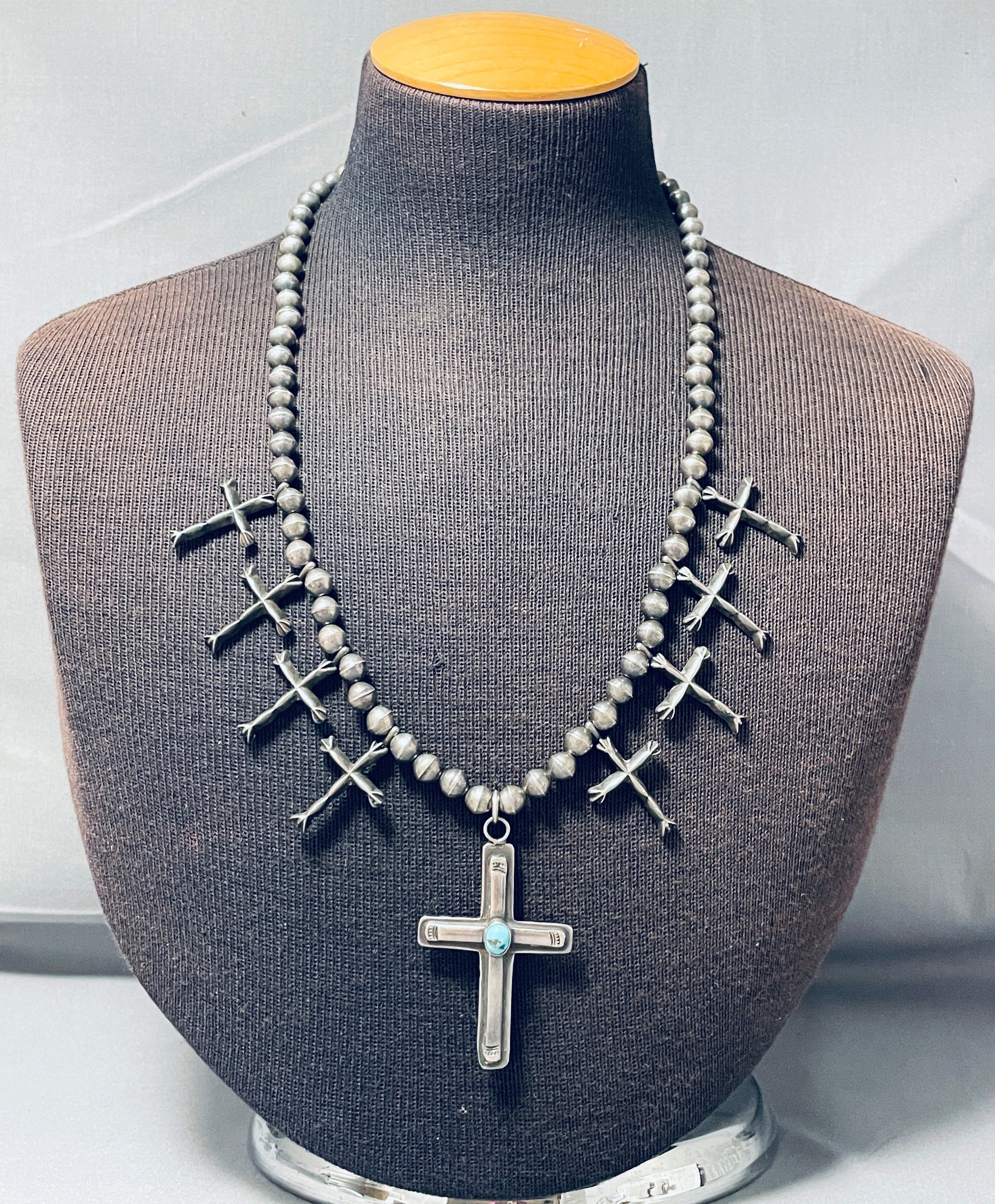 Vintage 1910s-1920s Navajo Sterling Silver Cross Squash Blossom Necklace - Authentic Native American Jewelry for Western Fashion & Boho Style