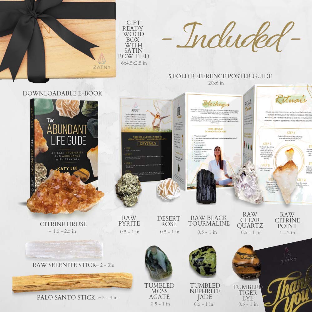 Premium Abundance & Prosperity Crystal Set in Wooden Box - Black Tourmaline, Palo Santo, Citrine, Selenite, Pyrite, Raw Quartz, Desert Rose, Tiger Eye, Moss Agate, Nephrite - Perfect for Meditation, Feng Shui, Home Decor & Spiritual Healing