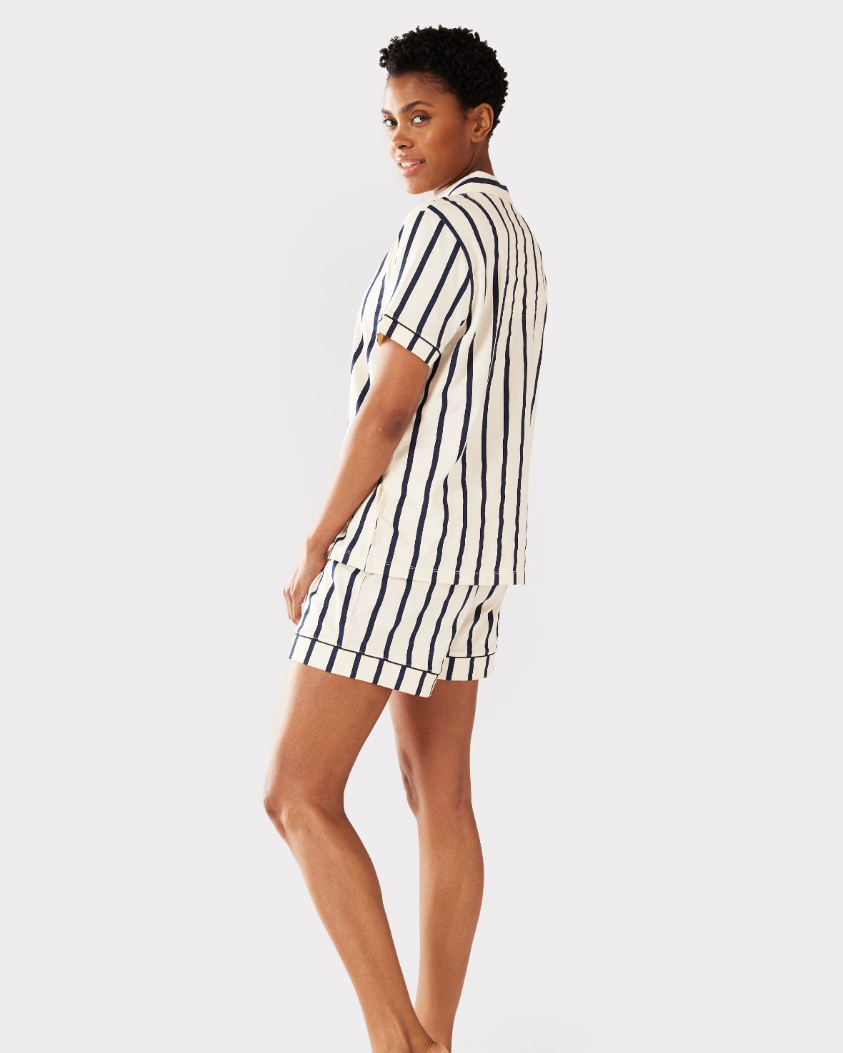 Organic Cotton Striped Short Sleeve Pajama Set for Women - Navy Blue Sleepwear | Comfortable Loungewear for Summer Nights & Relaxing at Home