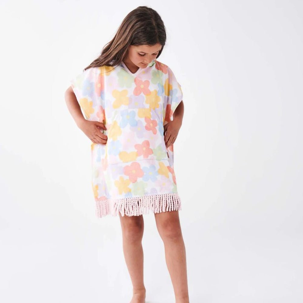 Kids Terry Cloth Poncho with Paper Daisy Print - Soft & Cozy Bathrobe for Toddlers & Children - Perfect for Beach, Pool & After-Bath Wear